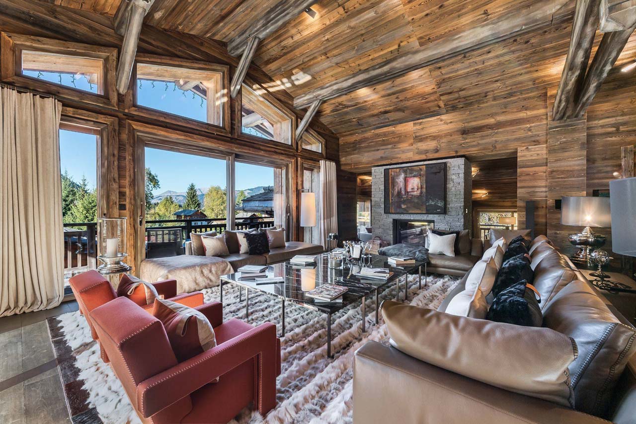 Sofas and armchairs in living area of Chalet Des Sens in Megeve