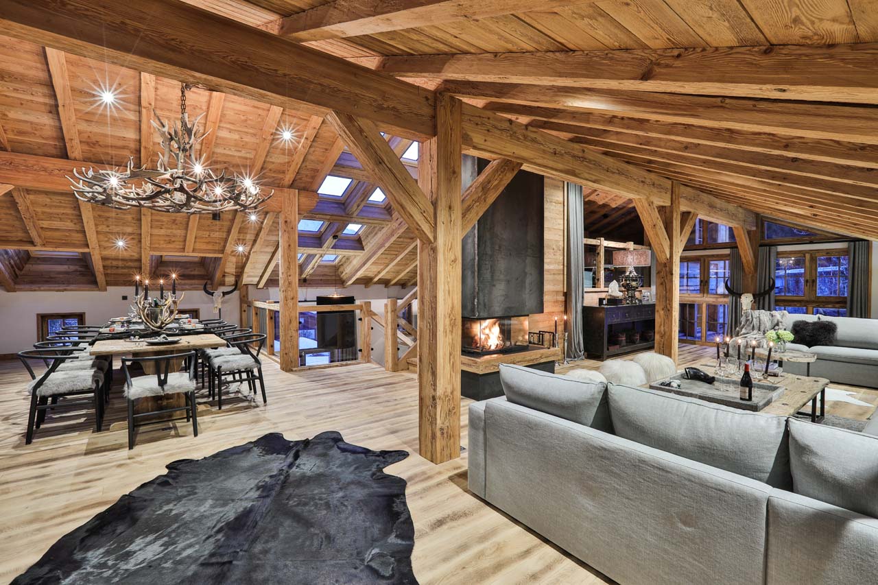 Open plan living and dining area at Chalet Le Moulin on Chamonix