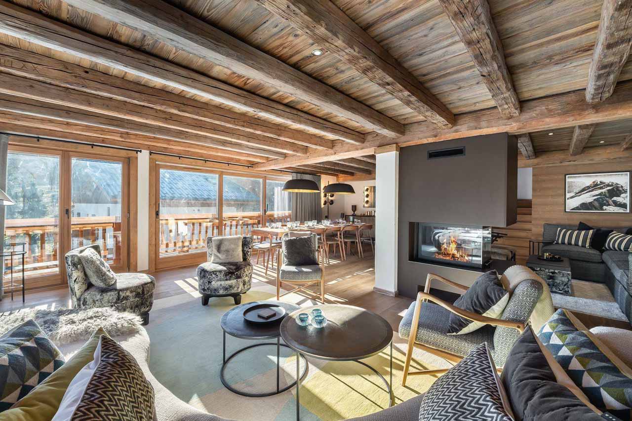 Central fireplace at Chalet Les Voutes in Meribel