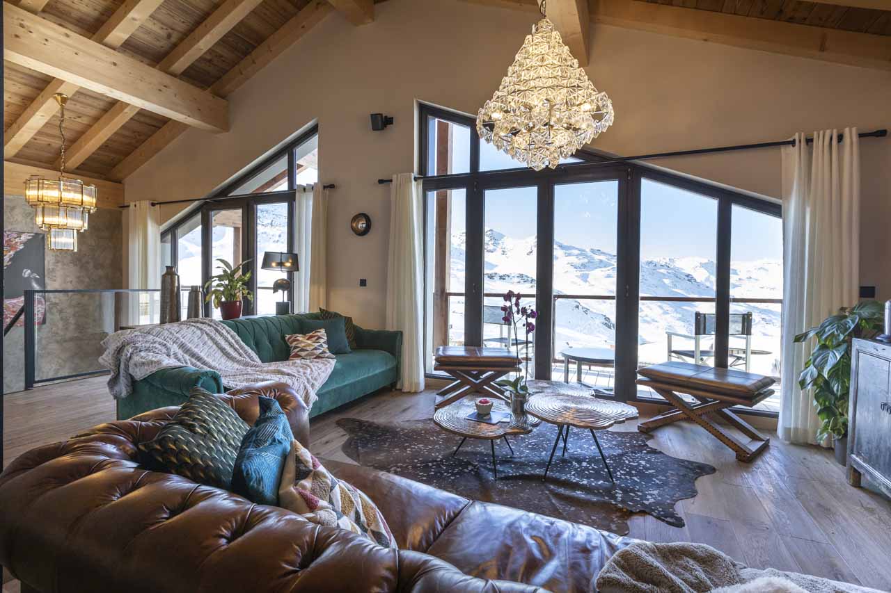 Open plan living area at Chalet Orlov in Val Thorens