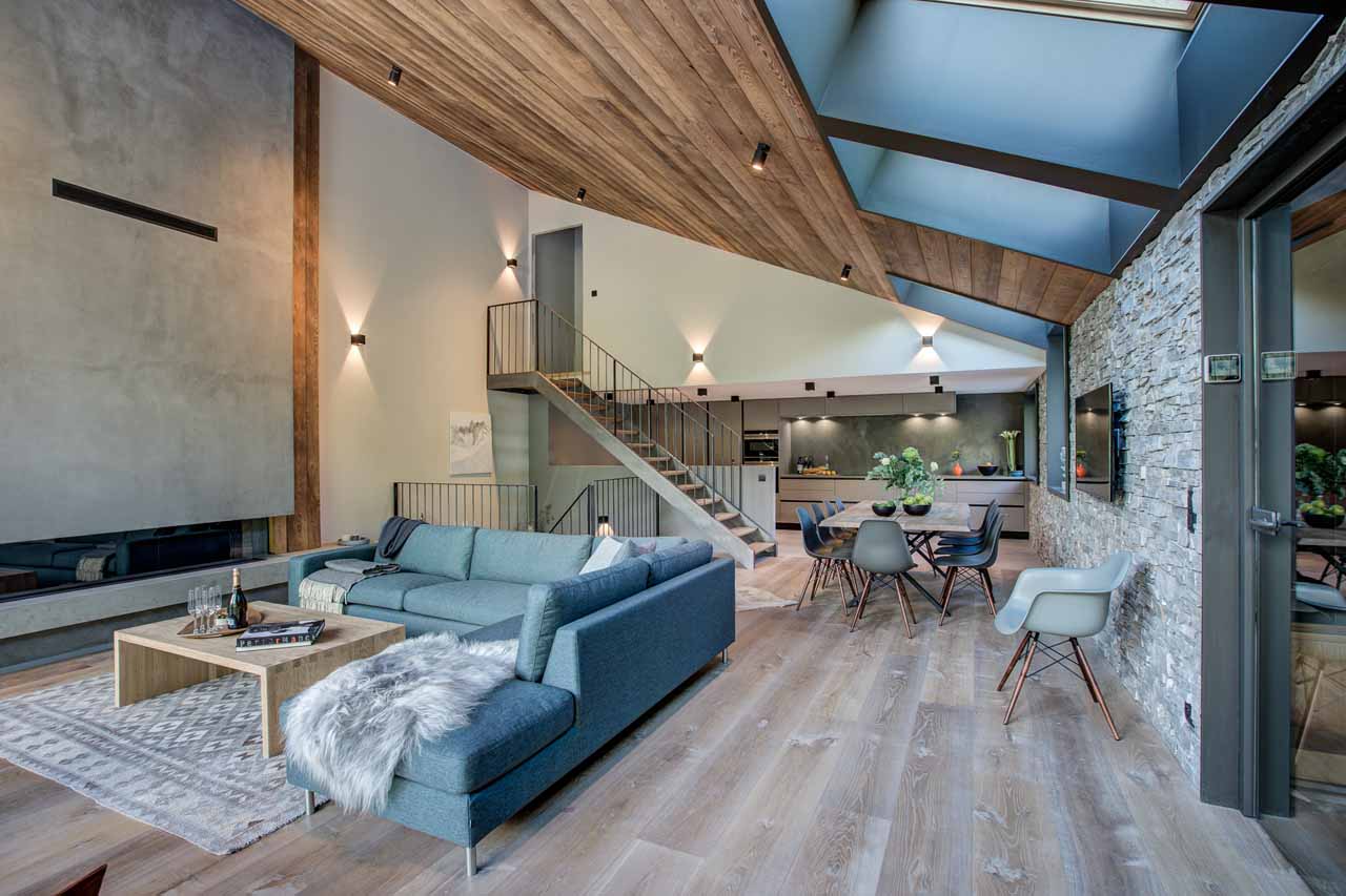 Open plan living area at Chalet Rytola in Chamonix