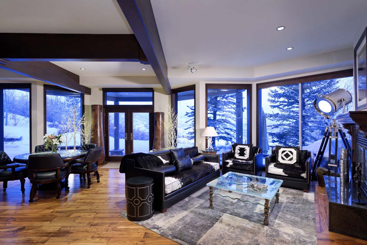 Lower level terrace access from living room at Four Peaks Estate in Aspen