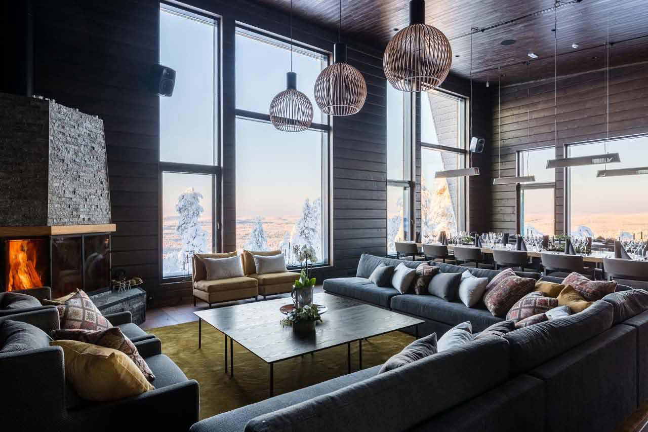 Open plan living area at Octola Lodge in Finland
