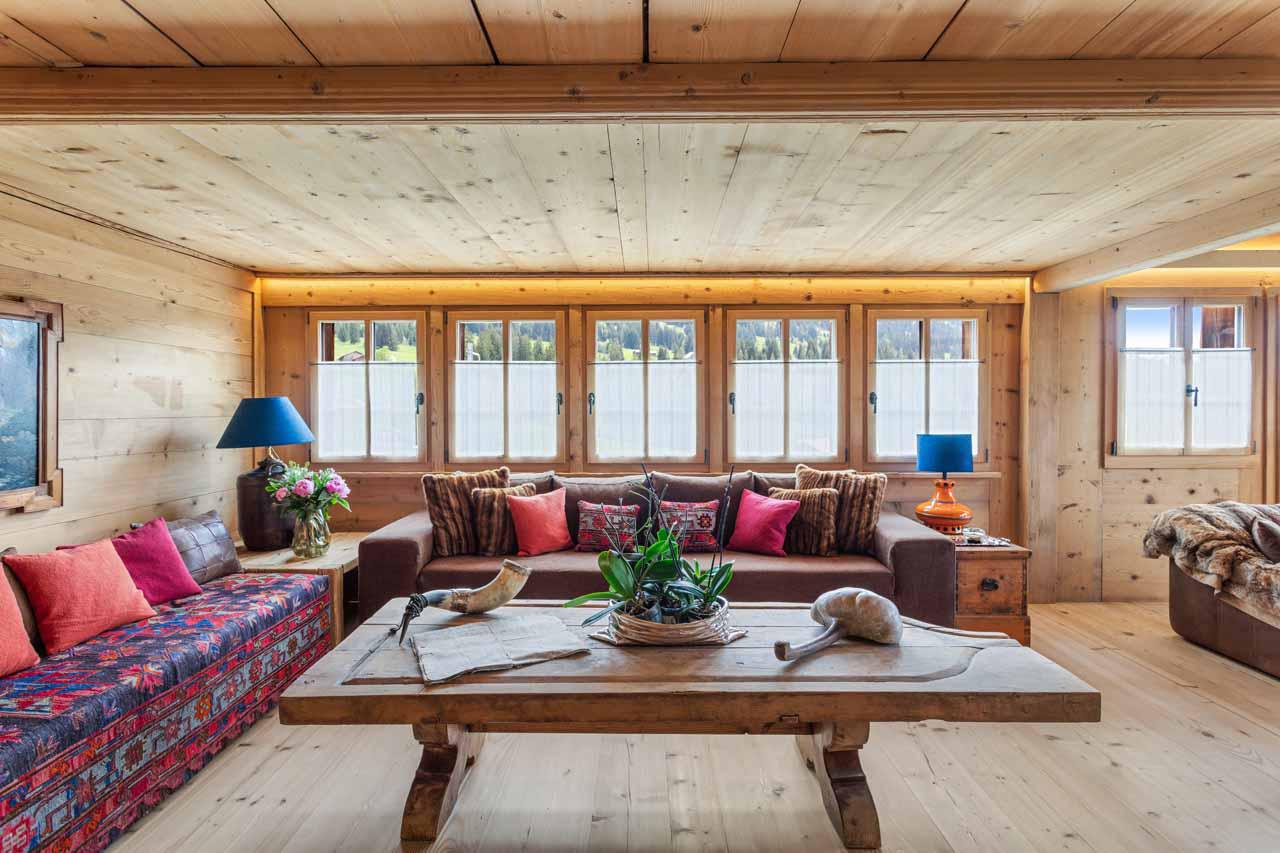 Well-decorated living area in Chalet 1808, Gstaad
