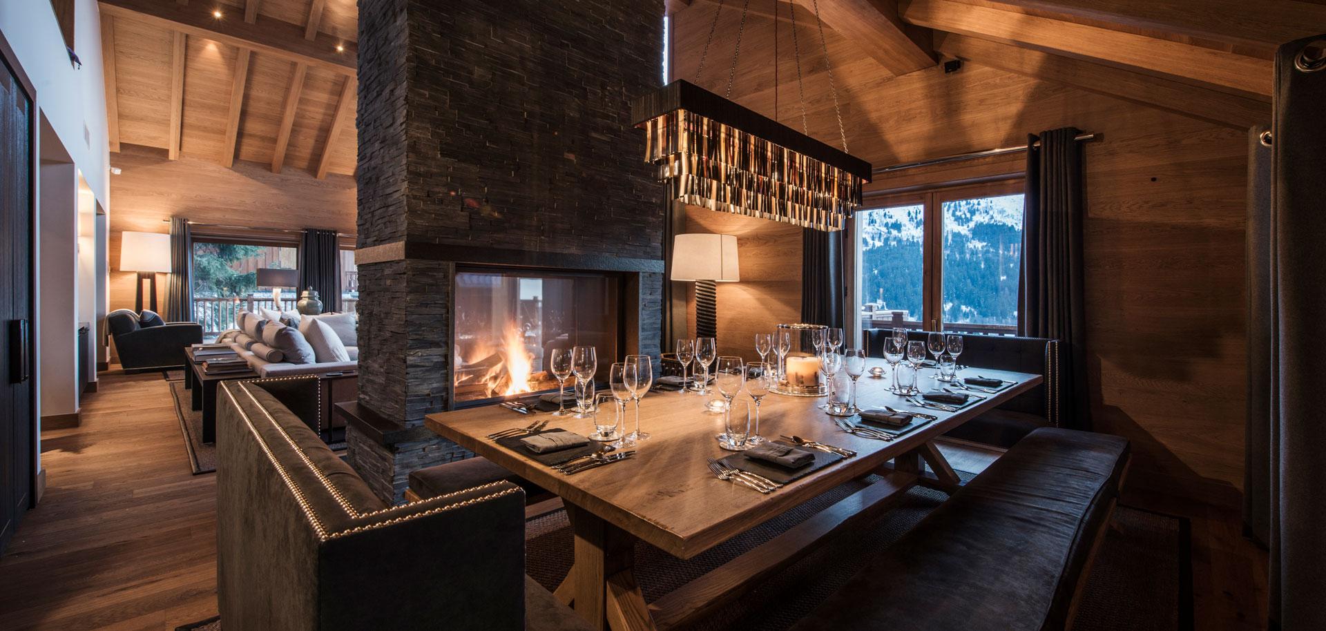 Elegant open plan living & dining area at Chalet Le Grenier in Meribel