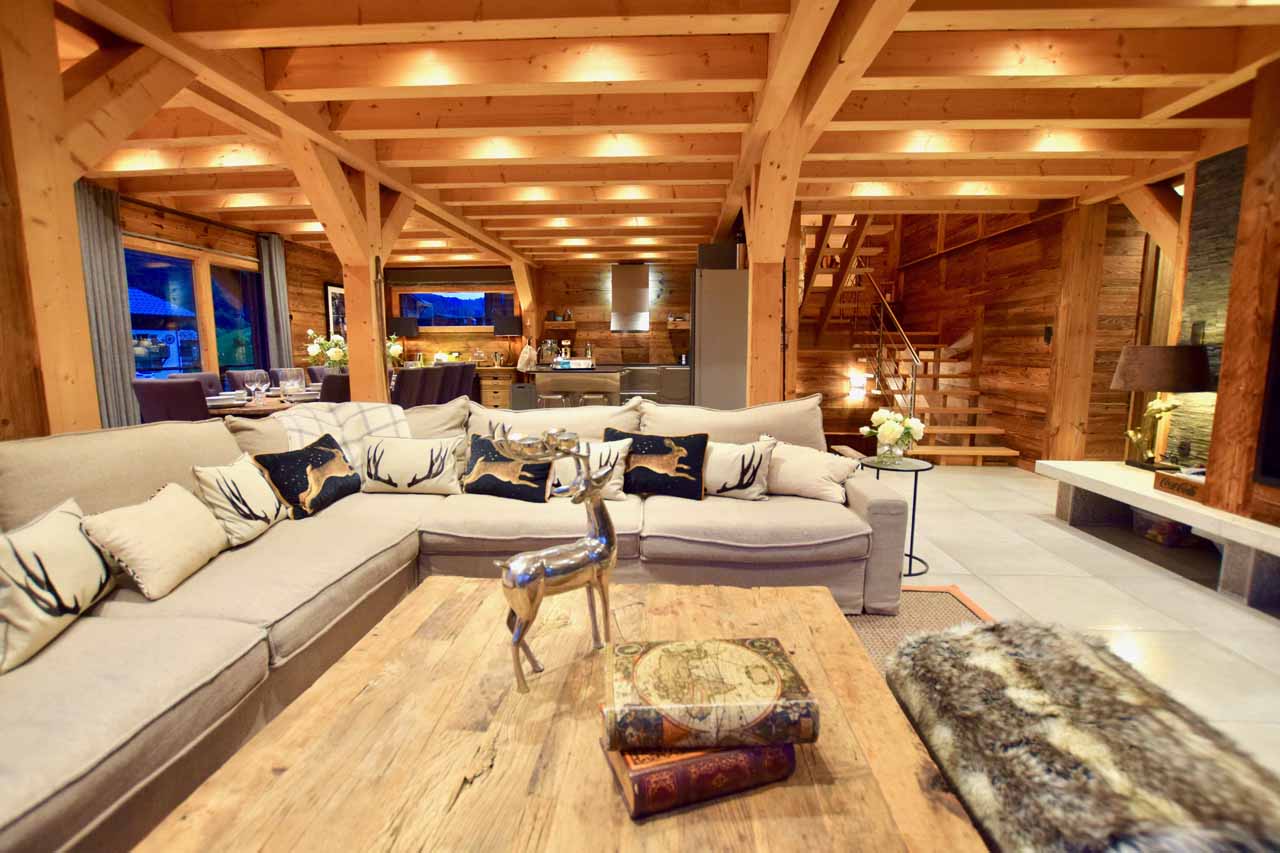 Open plan living area at Chalet Valambrun in Les Gets