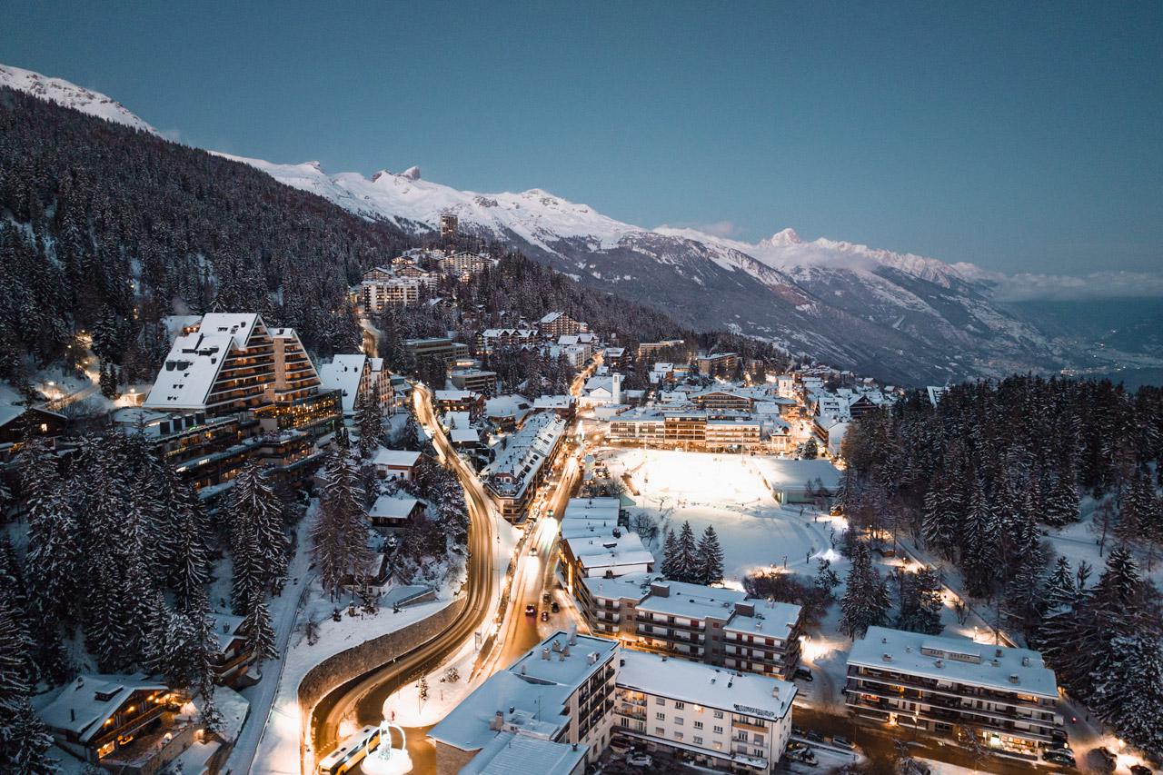 Aerial view of Crans Montana ski resort at night