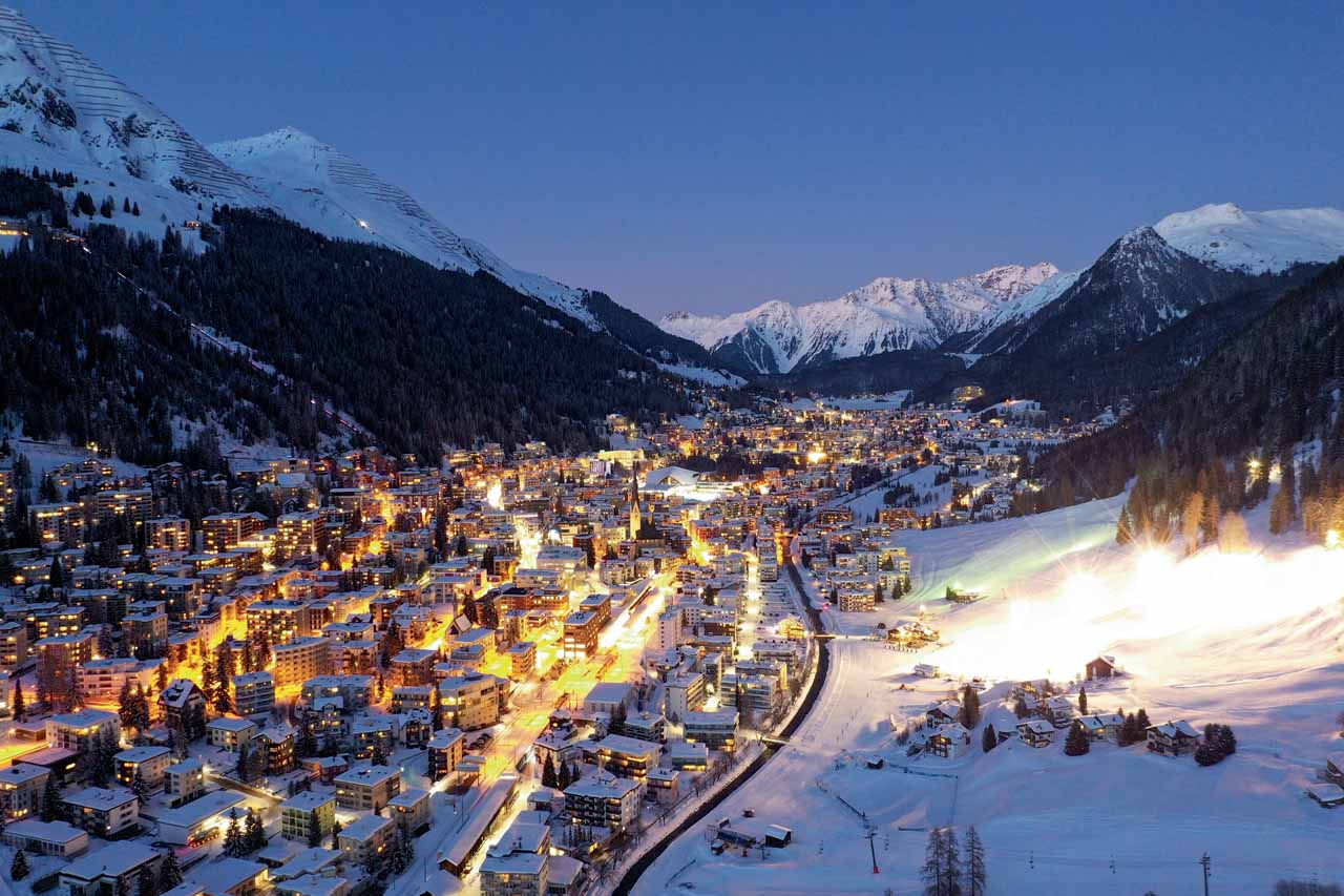Nighttime view over luxury ski chalet in Davos