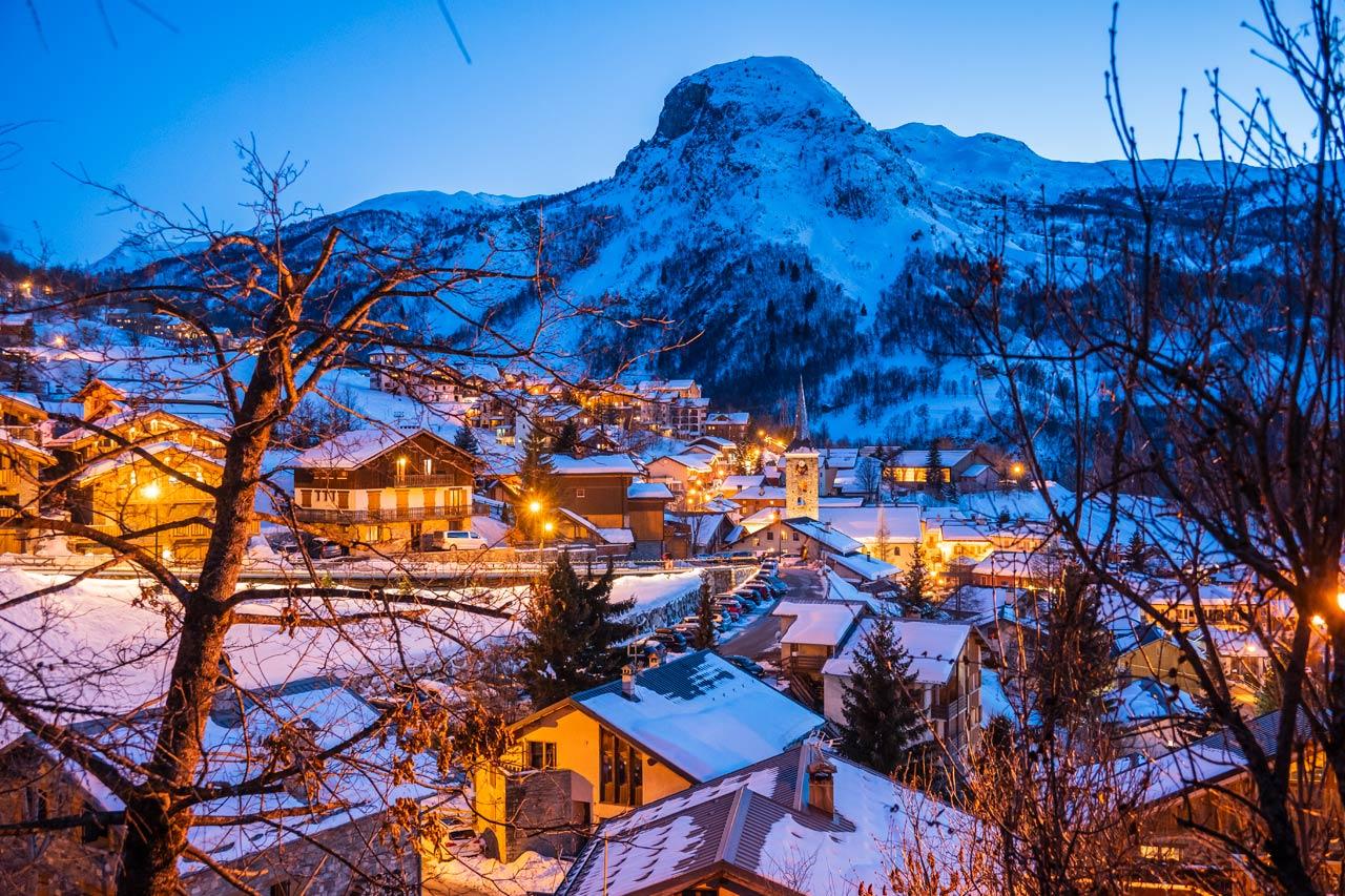 Evening view over luxury chalets in St Martin de Belleville