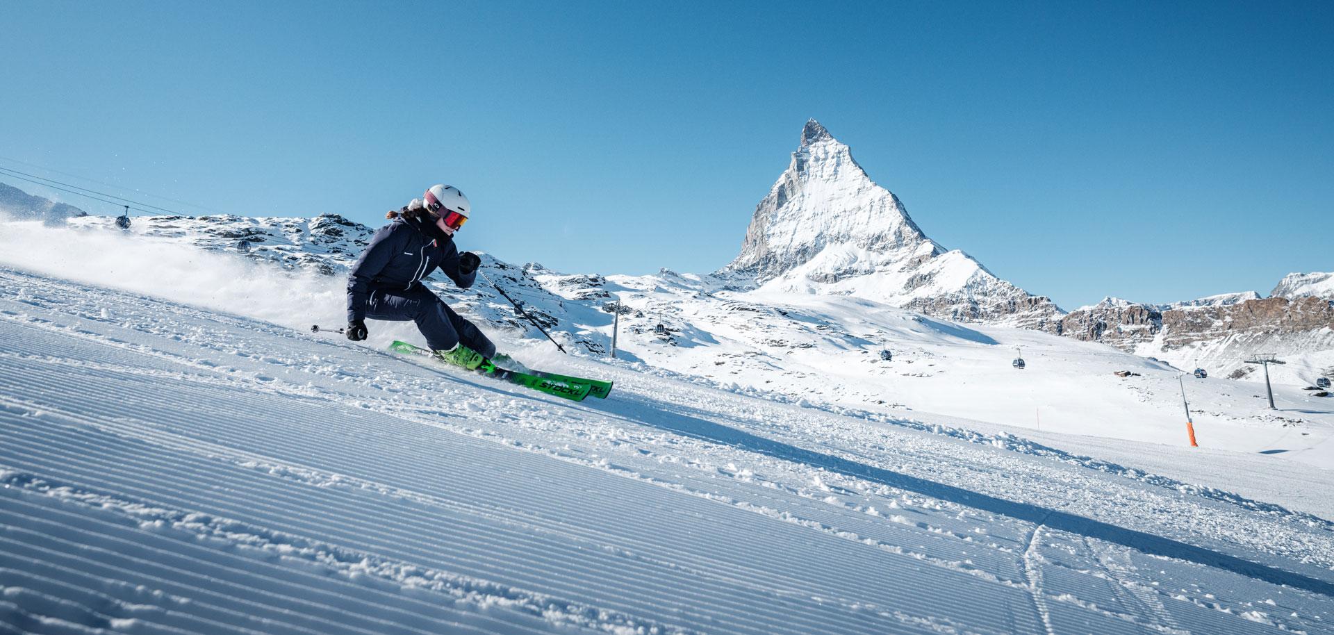 Piste skiing in Zermatt with view of Matterhorn