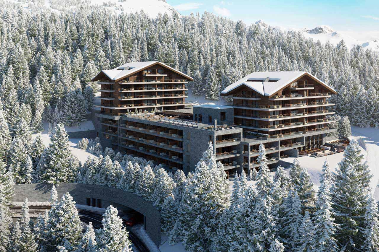 Exterior of Six Senses Crans Montana in winter