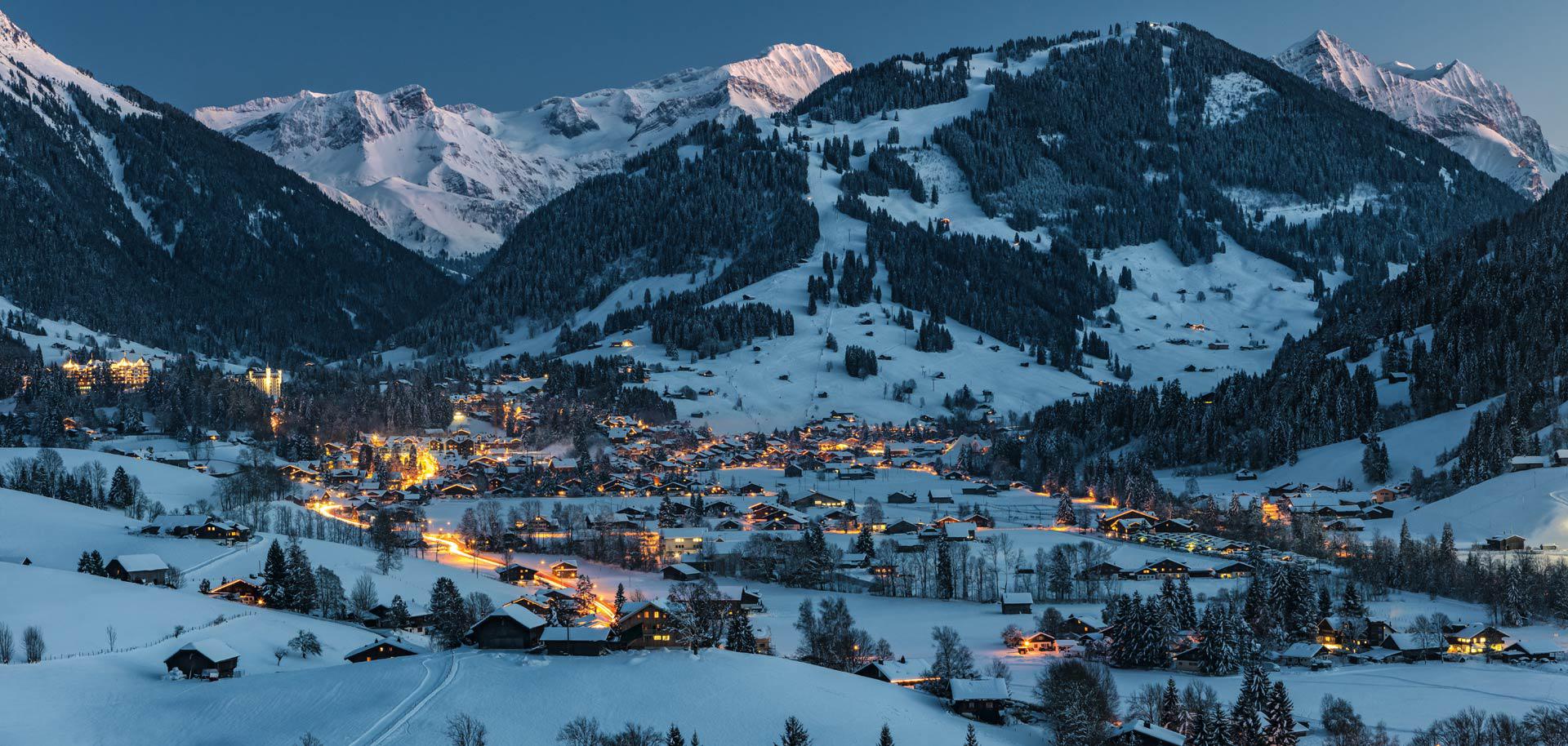 Gstaad ski resort in Swiss Alps at night