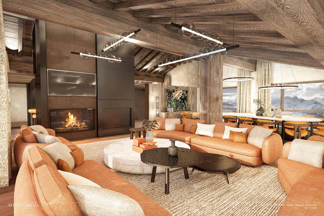 Open-plan living area with sofas in front of fireplace in Atmosphere Penthouse, Courchevel 1850