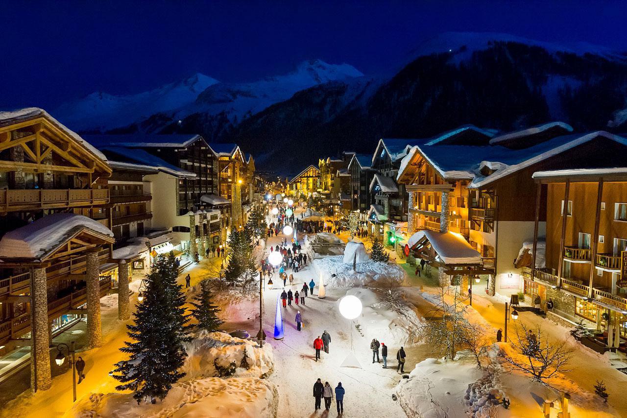 Val d'Isere at night lit up for Christmas