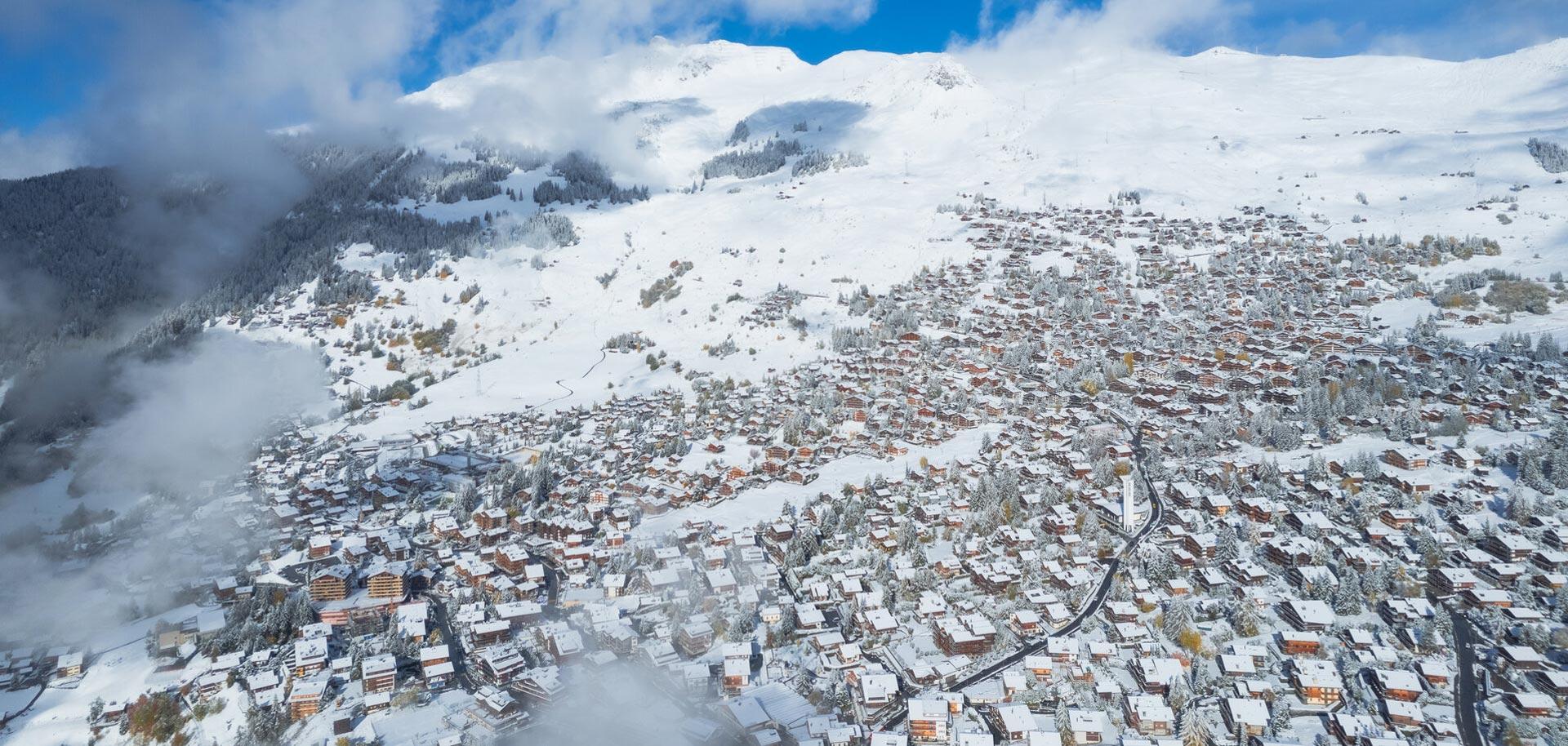 Aerial view of Verbier ski resort in Swiss Alps