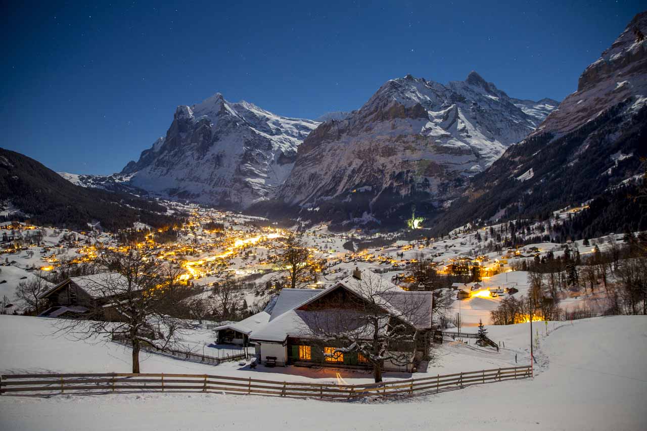 Night view of luxury ski chalets in Grindelwald
