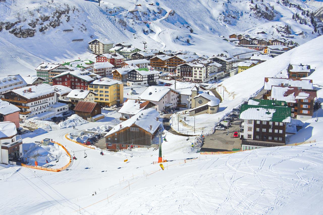 Aerial view of luxury ski resort of Zurs
