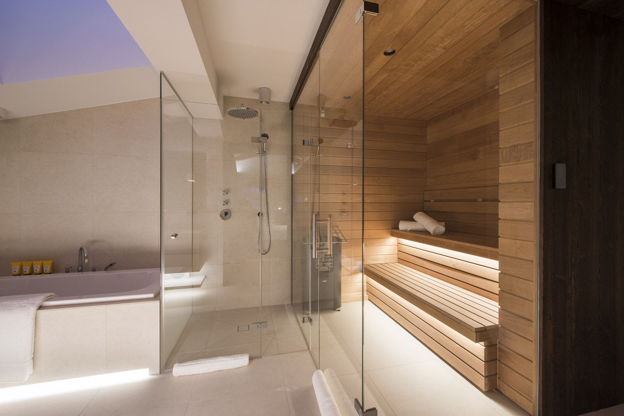 Sauna in master bathroom of Nidus Penthouse in Lech