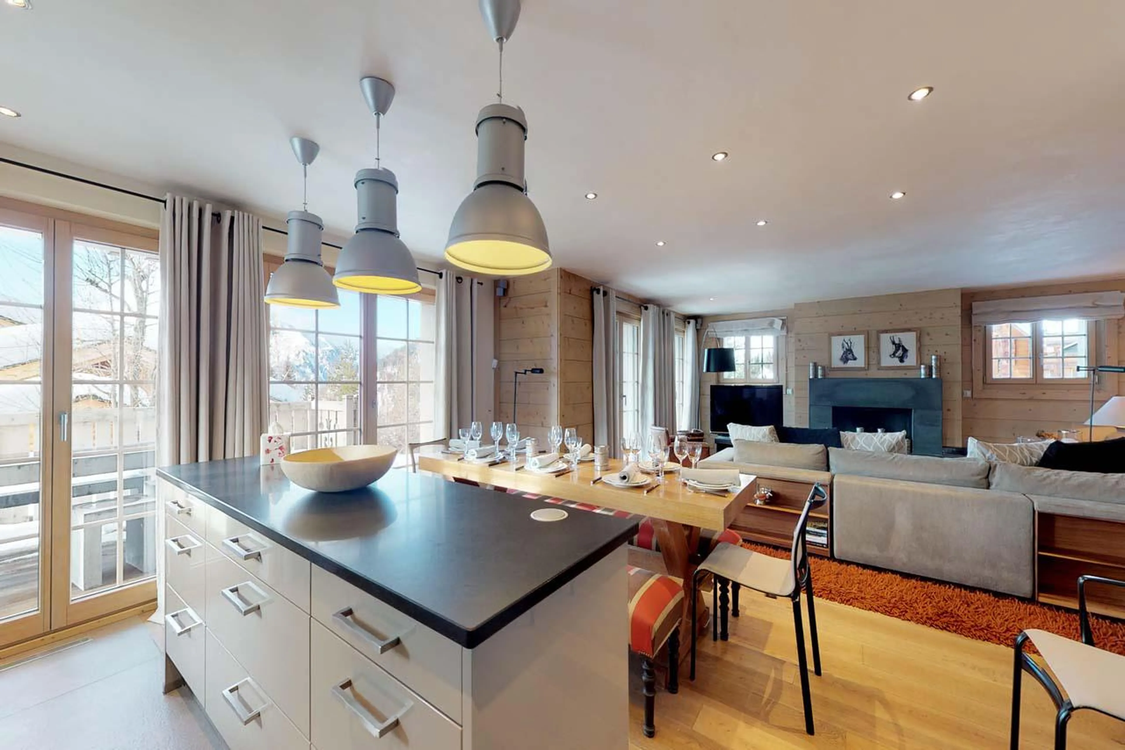 View of living area from kitchen at Chalet Albert-Luc in Verbier