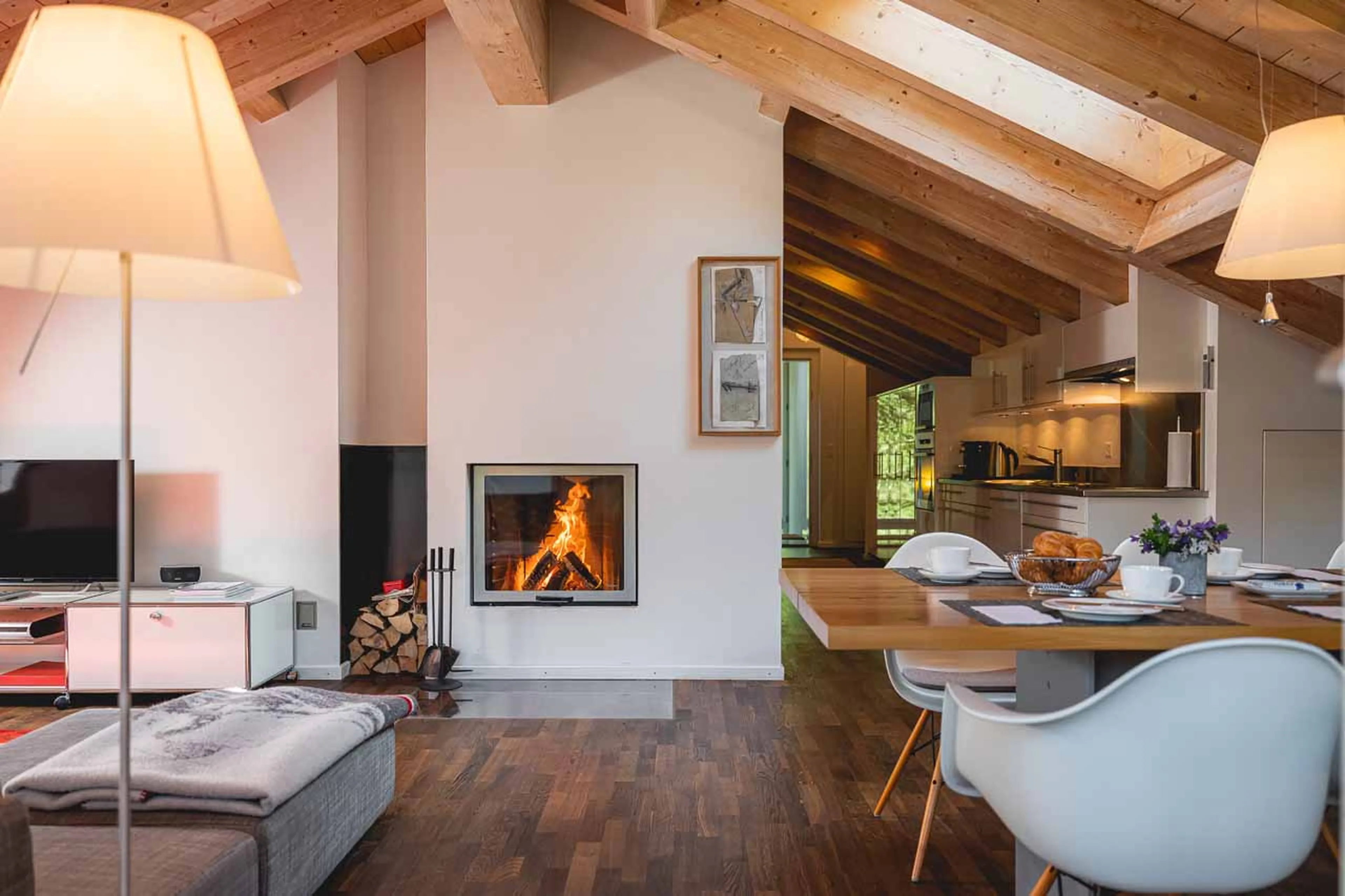 Open plan living area at Penthouse Altesse in Zermatt in summer