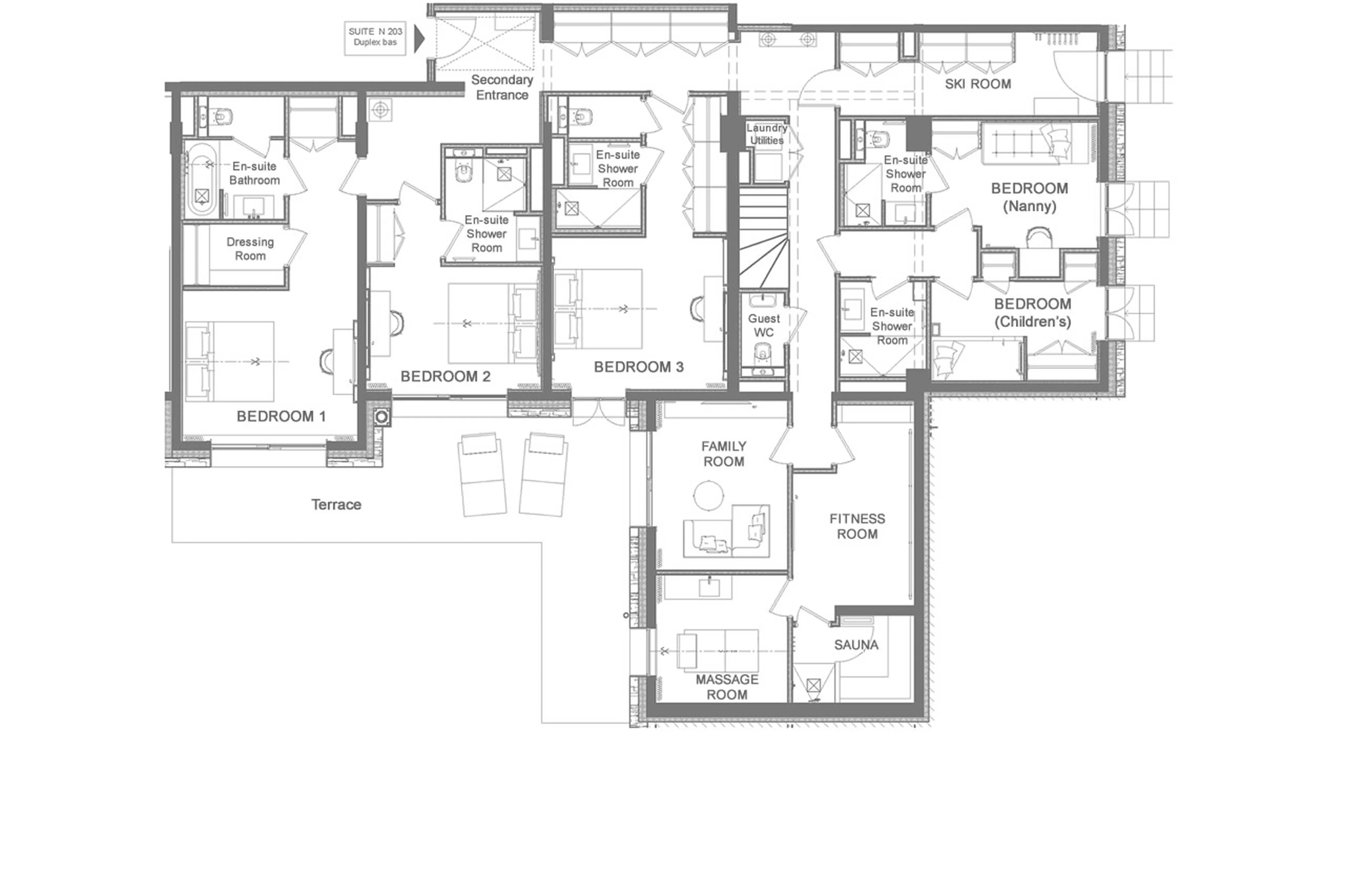 Lower level floor plan of Apartment Antares Naos 203