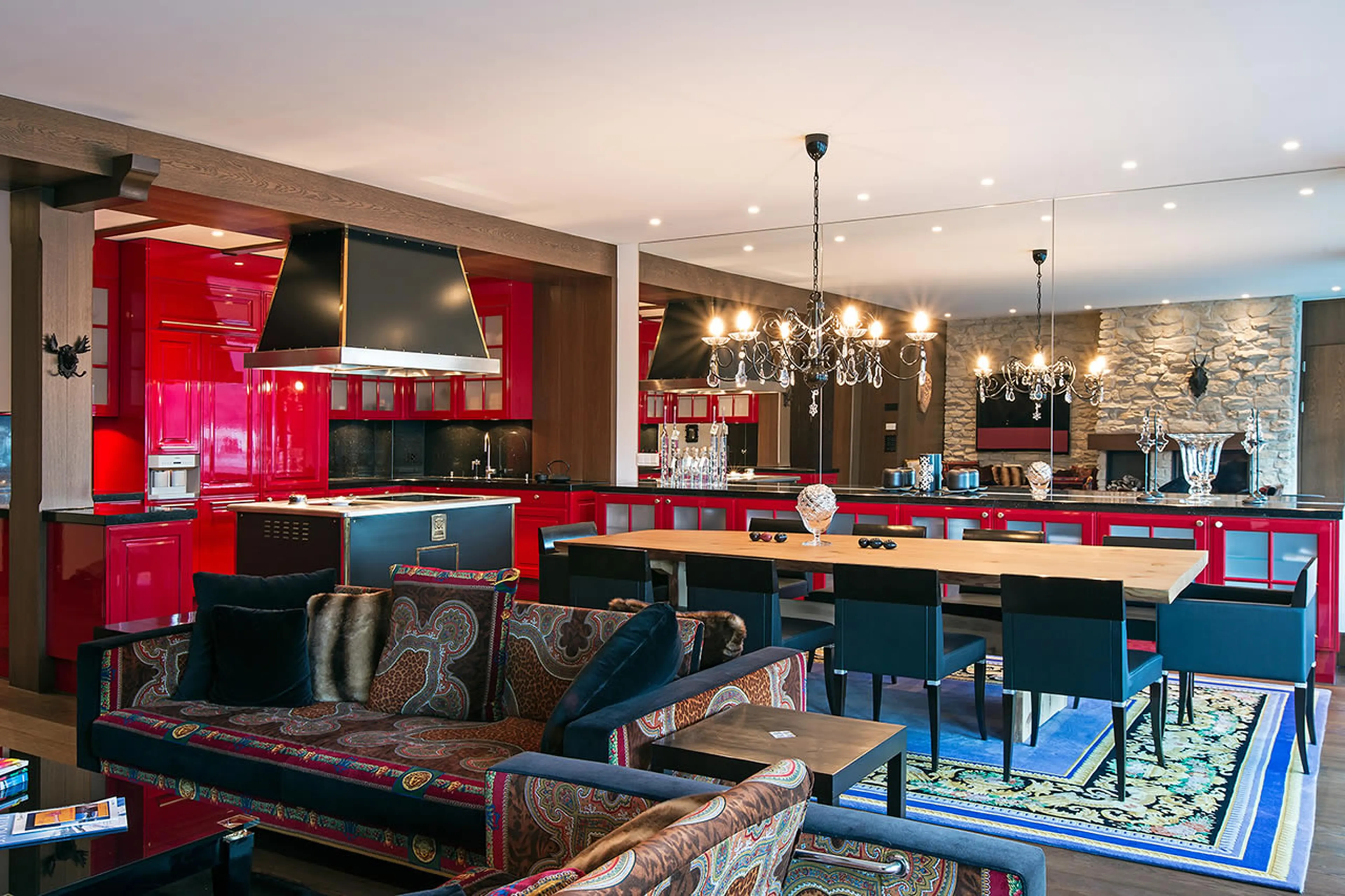 Open plan kitchen and dining area in  Apartment Giuliani in St Moritz