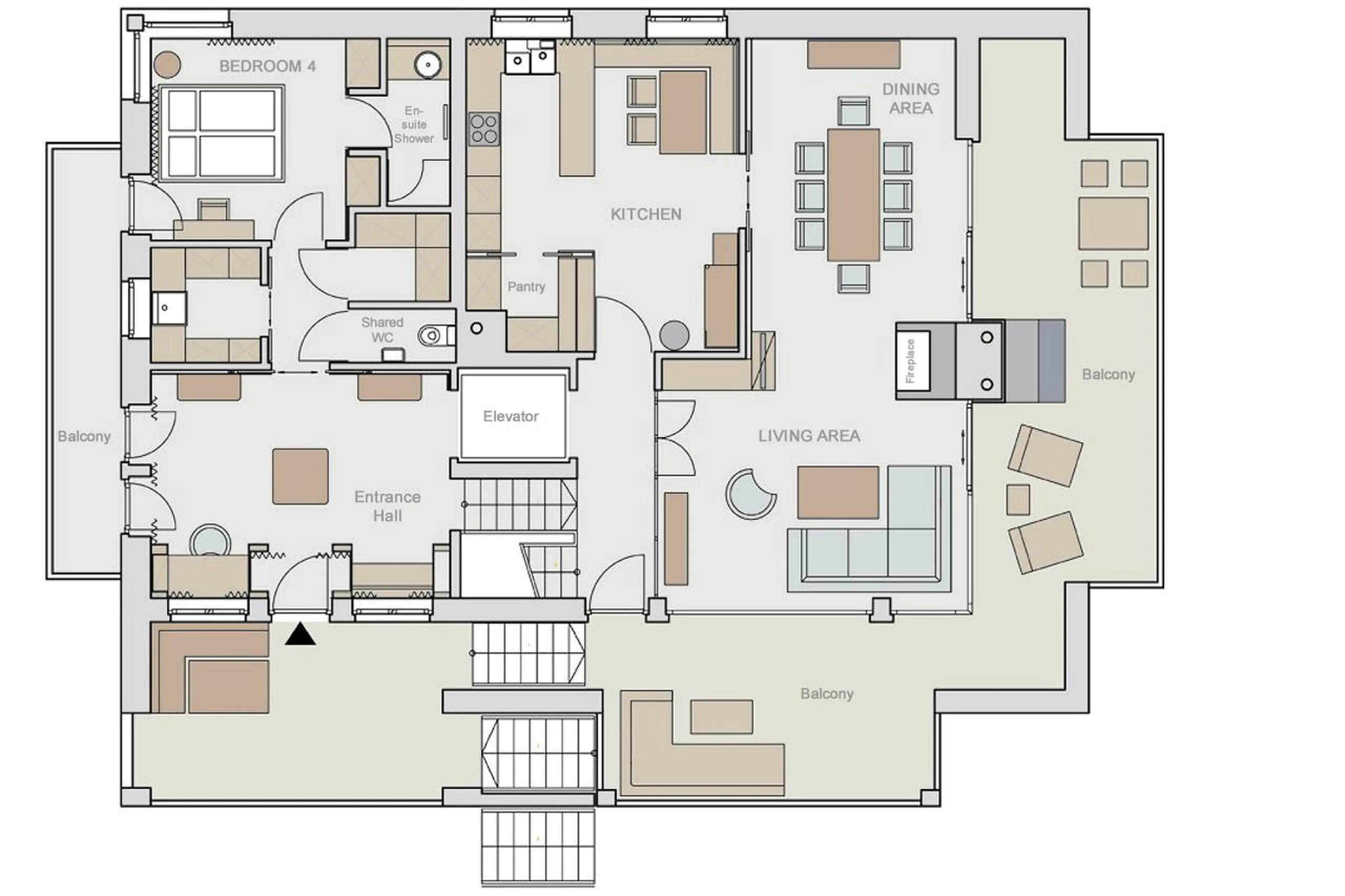 Lower level floor plan of apartment Lech II in Lech