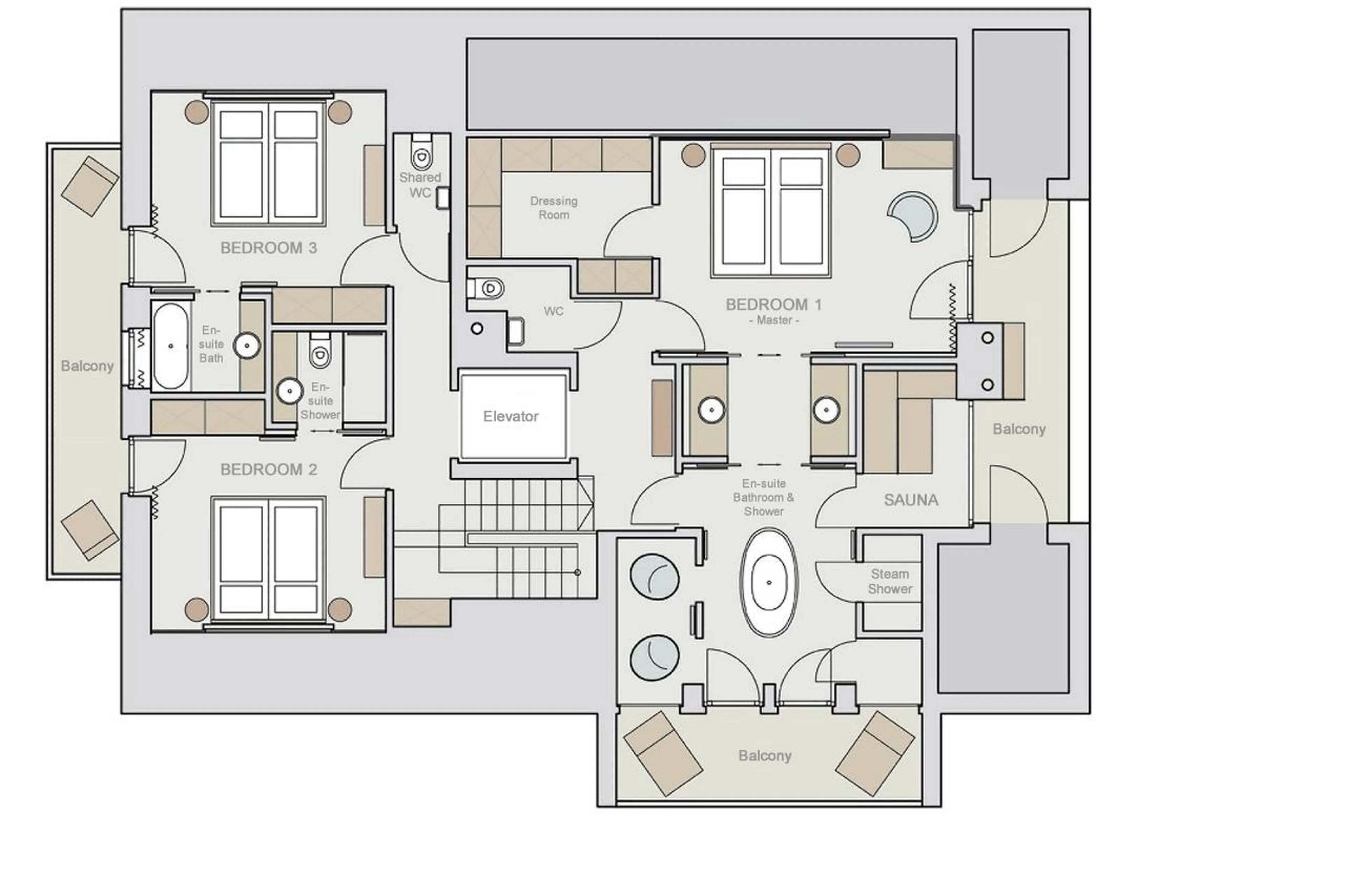 Upper level floor plan of apartment Lech II in Lech