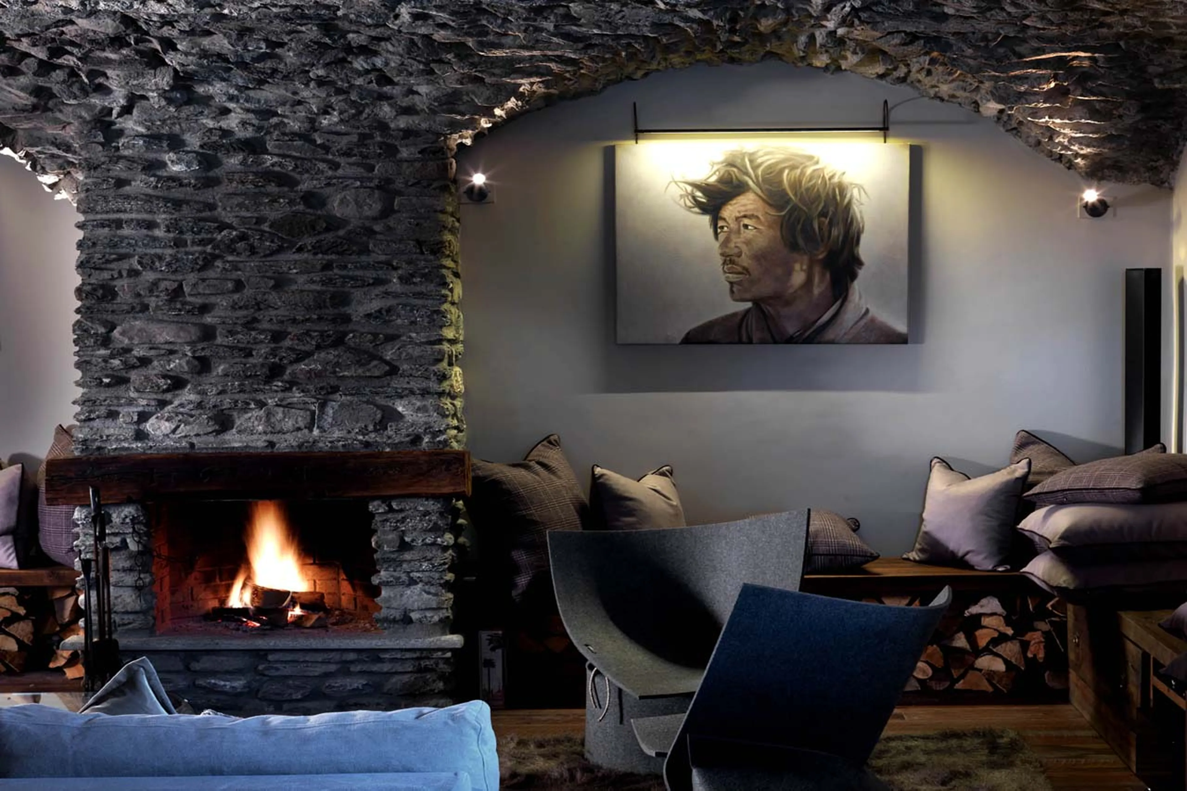 Exposed brickwork in living room of Baita 1697 in Piedmont