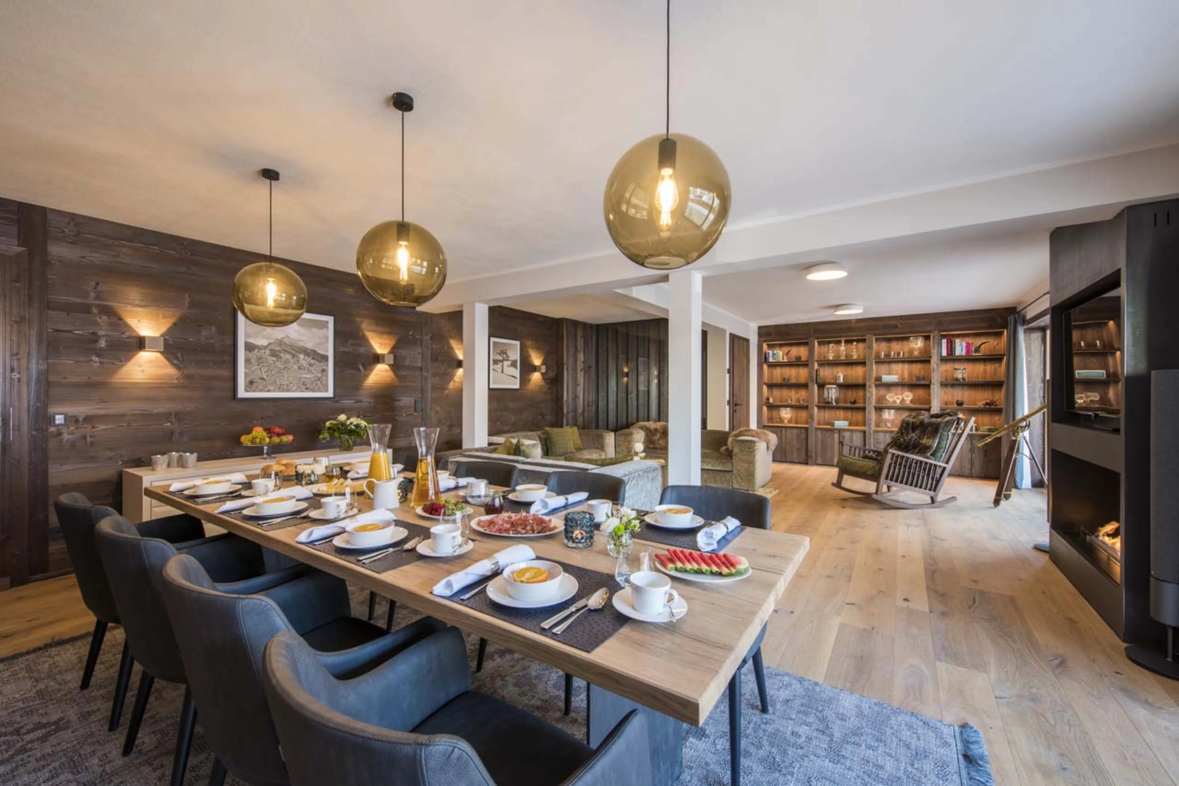Dining table overlooking living area at Balegia Apartment 3 in Lech