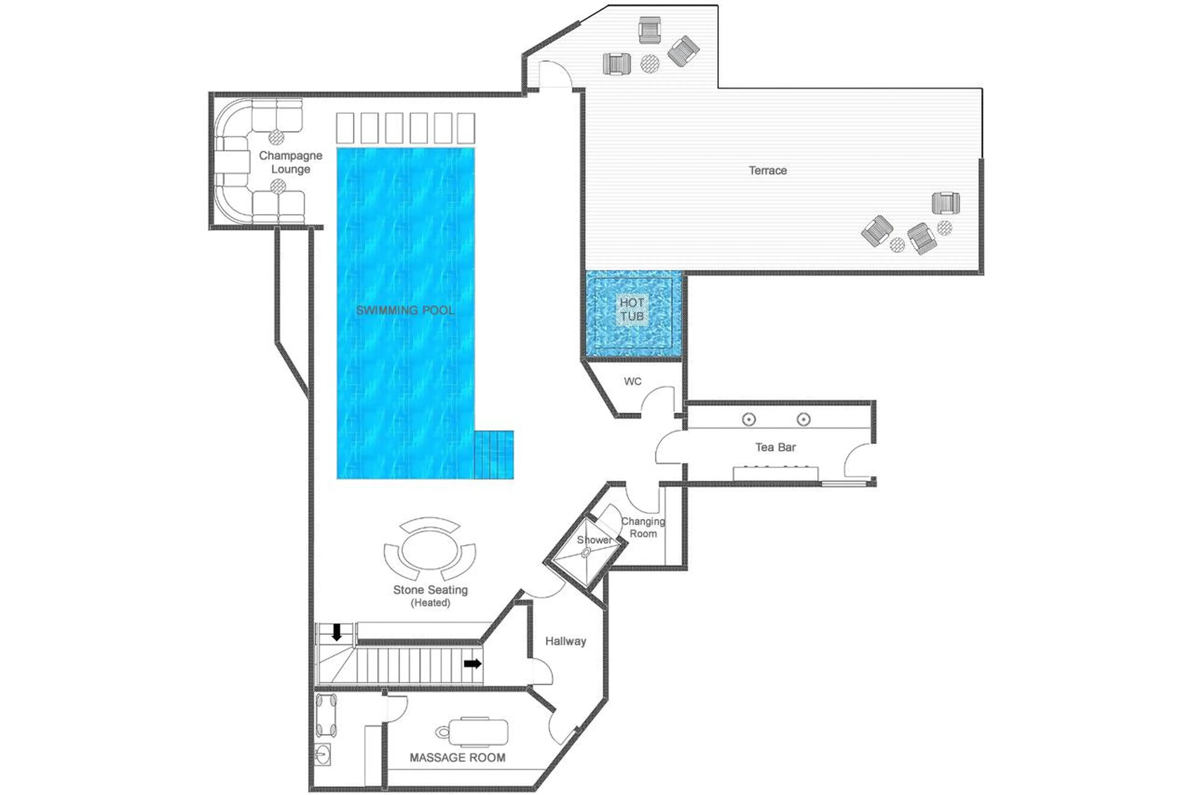 Lower Level floor plan of the Shared Spa of Balegia Apartment 3 in Lech