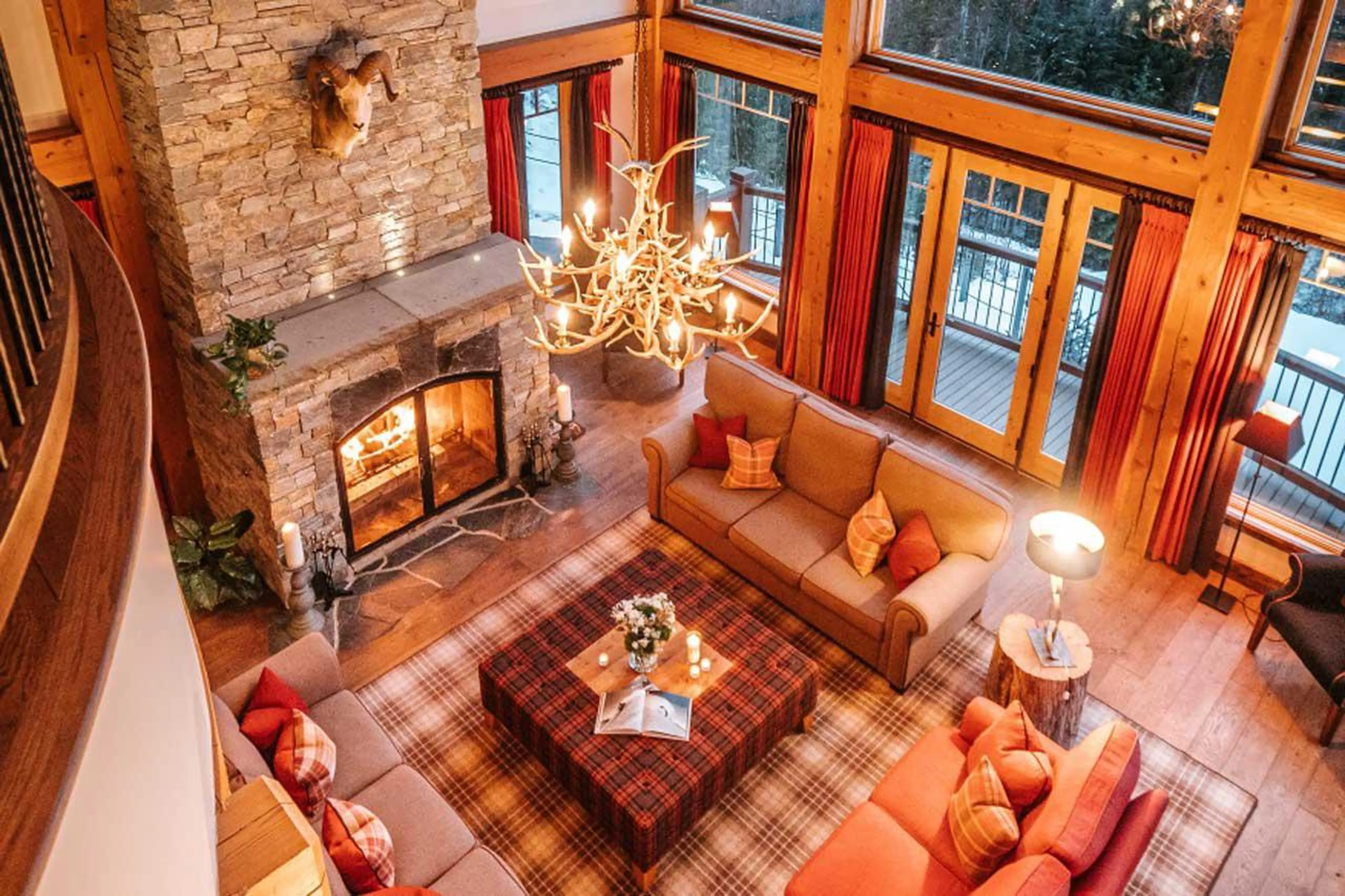 Aerial view of living room at Bighorn in Revelstoke