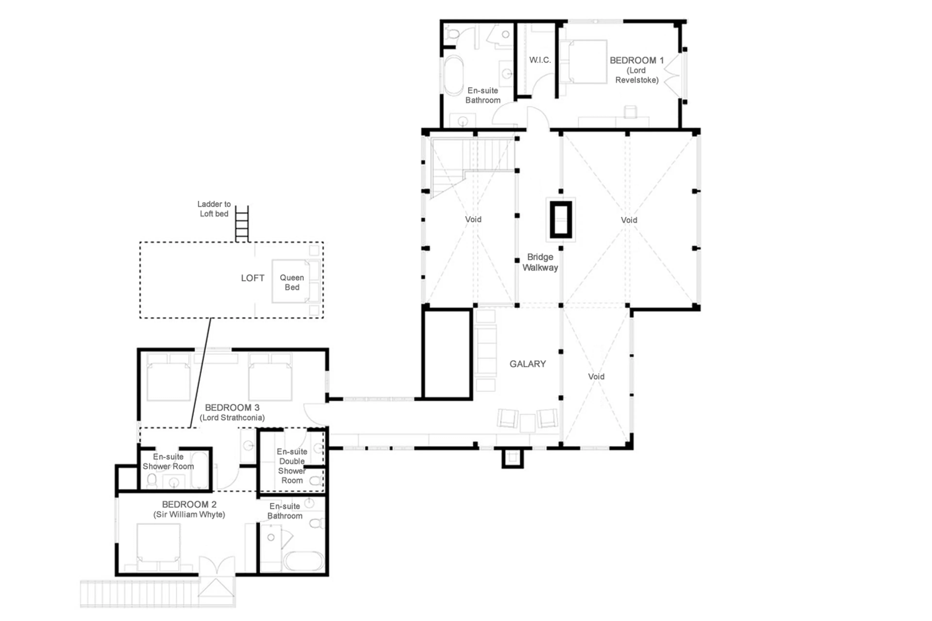 Upper level floor plan of Bison Lodge in Revelstoke