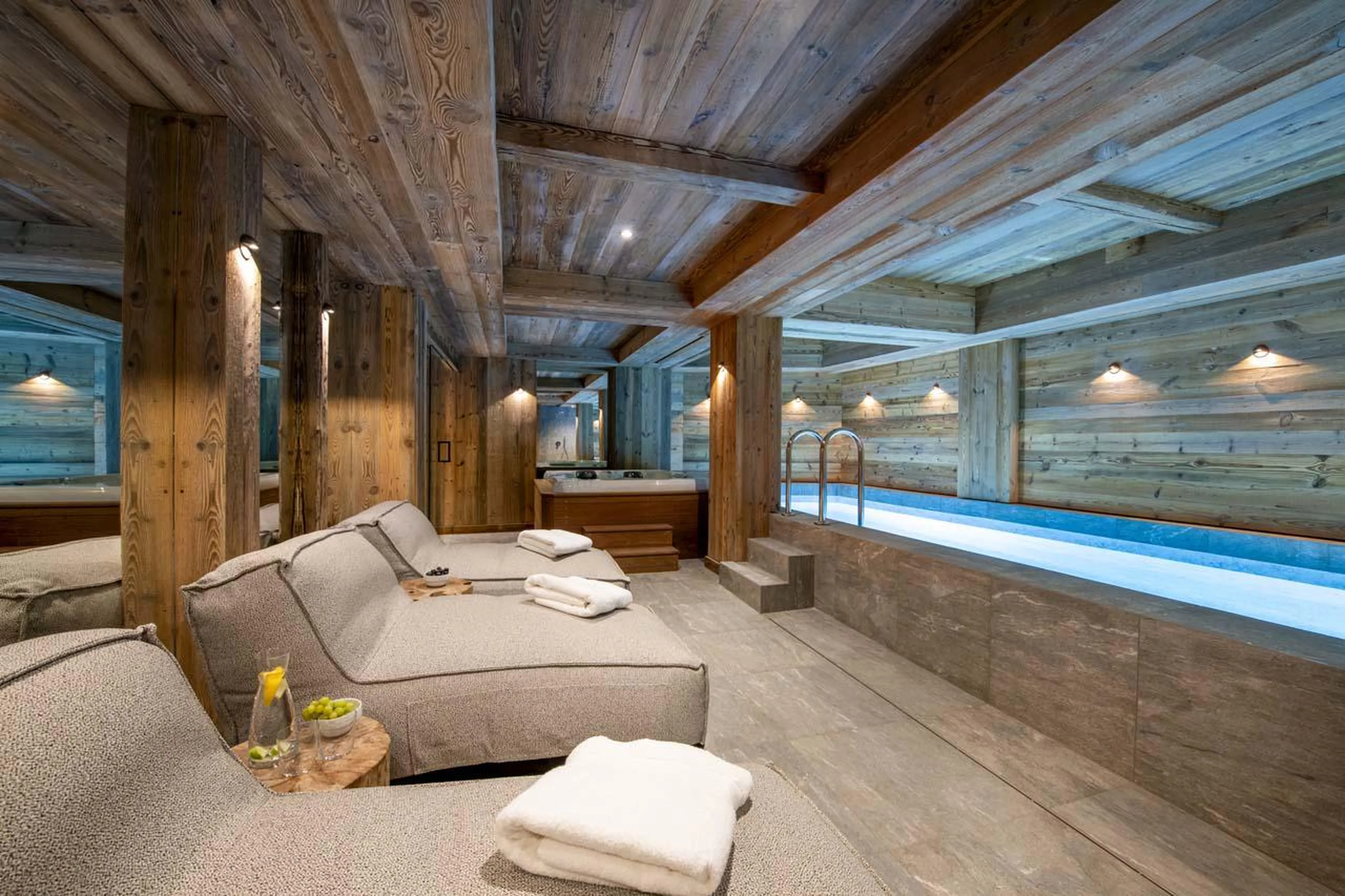 Relaxation area overlooking the swimming pool at Chalet 1855 in Val d'Isere
