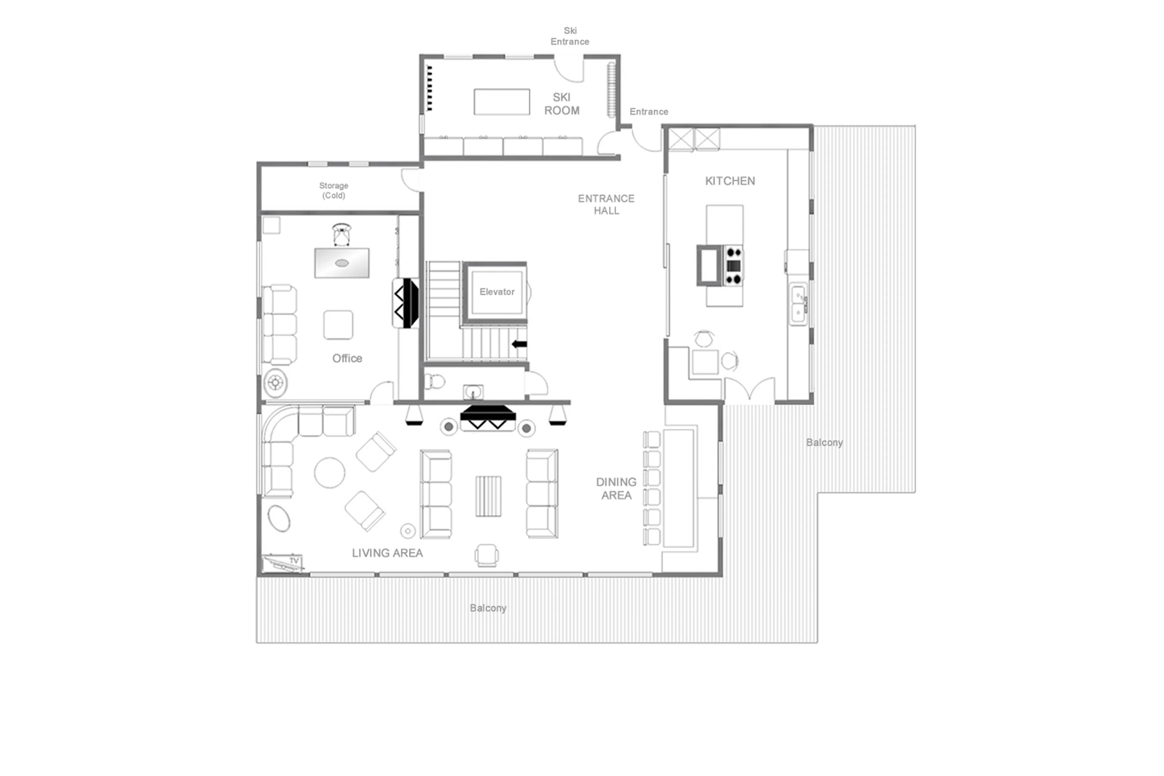 Level 0 floor plan of Chalet 1936 in Verbier