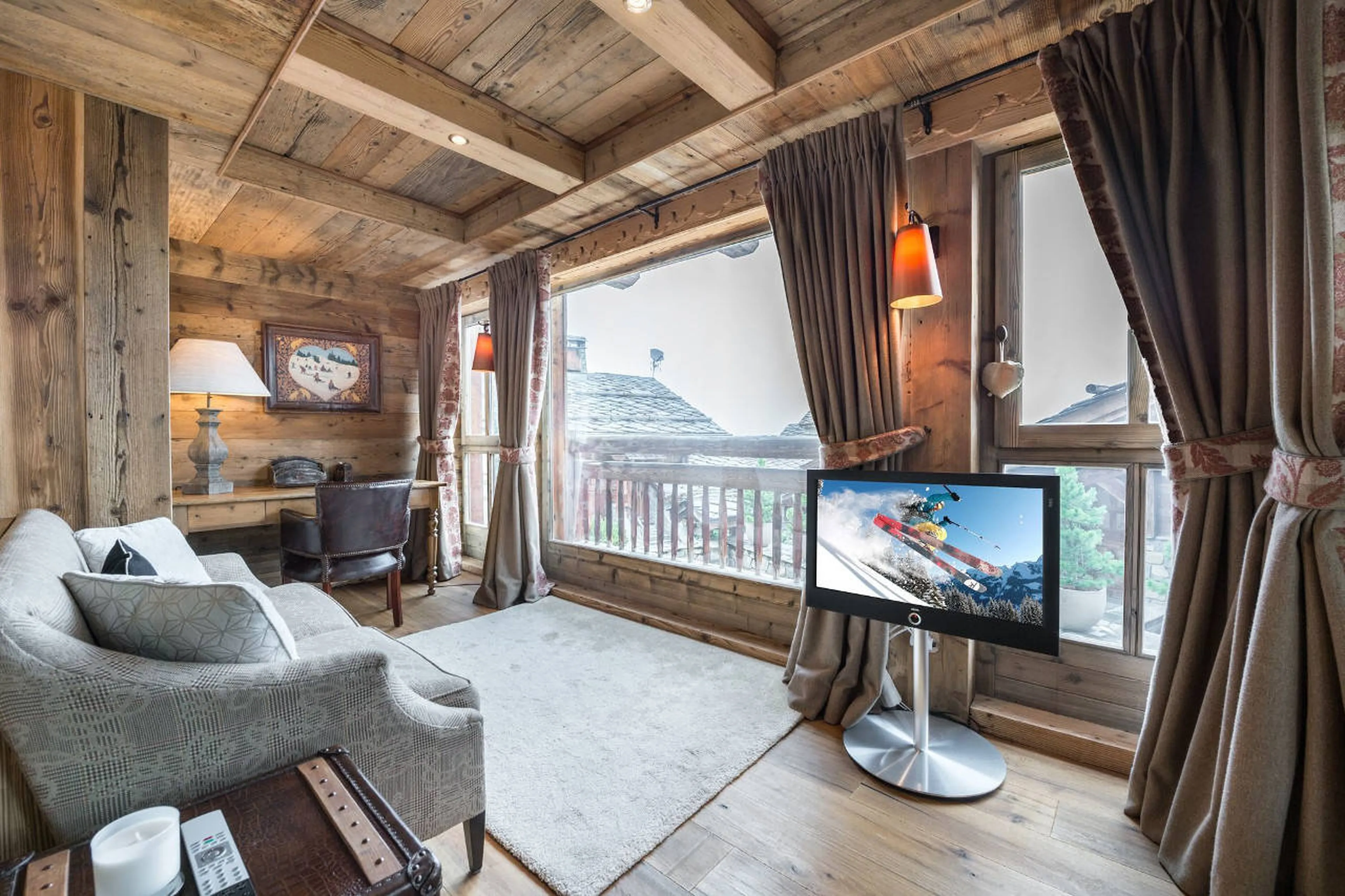 Stunning view on mountains from TV corner in master bedroom of Chalet 3 Soeurs in Courchevel 1850