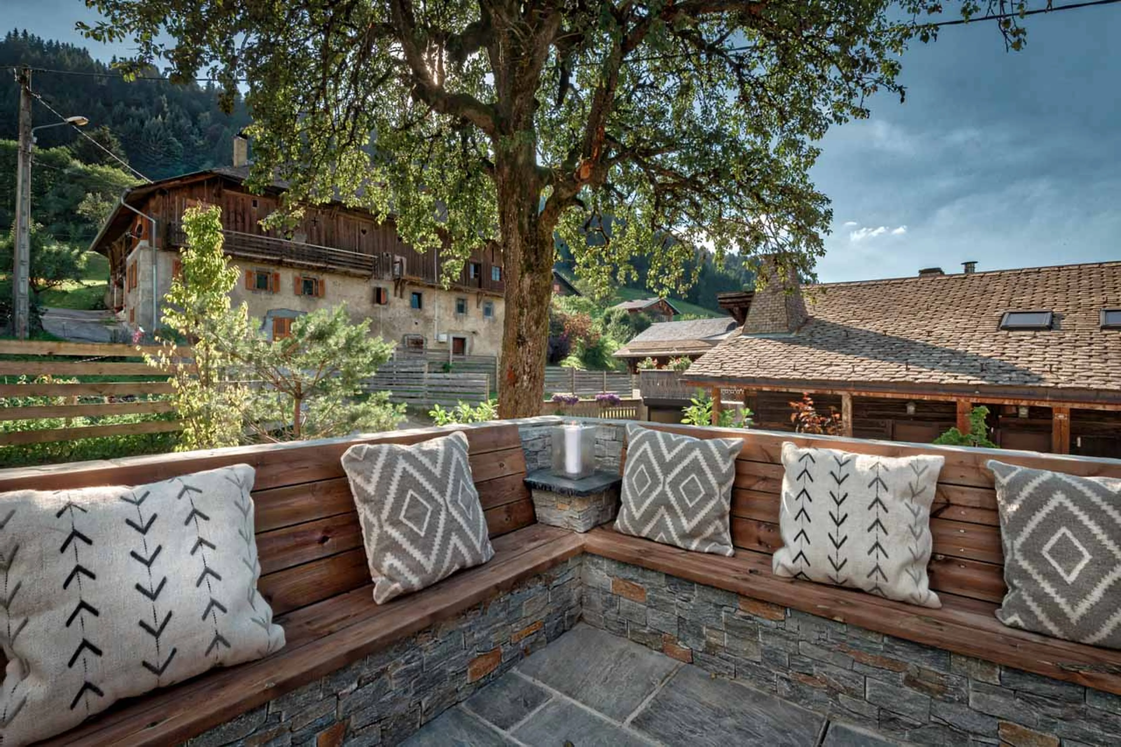 Outdoor seating at Chalet 46˚ in Morzine in summer