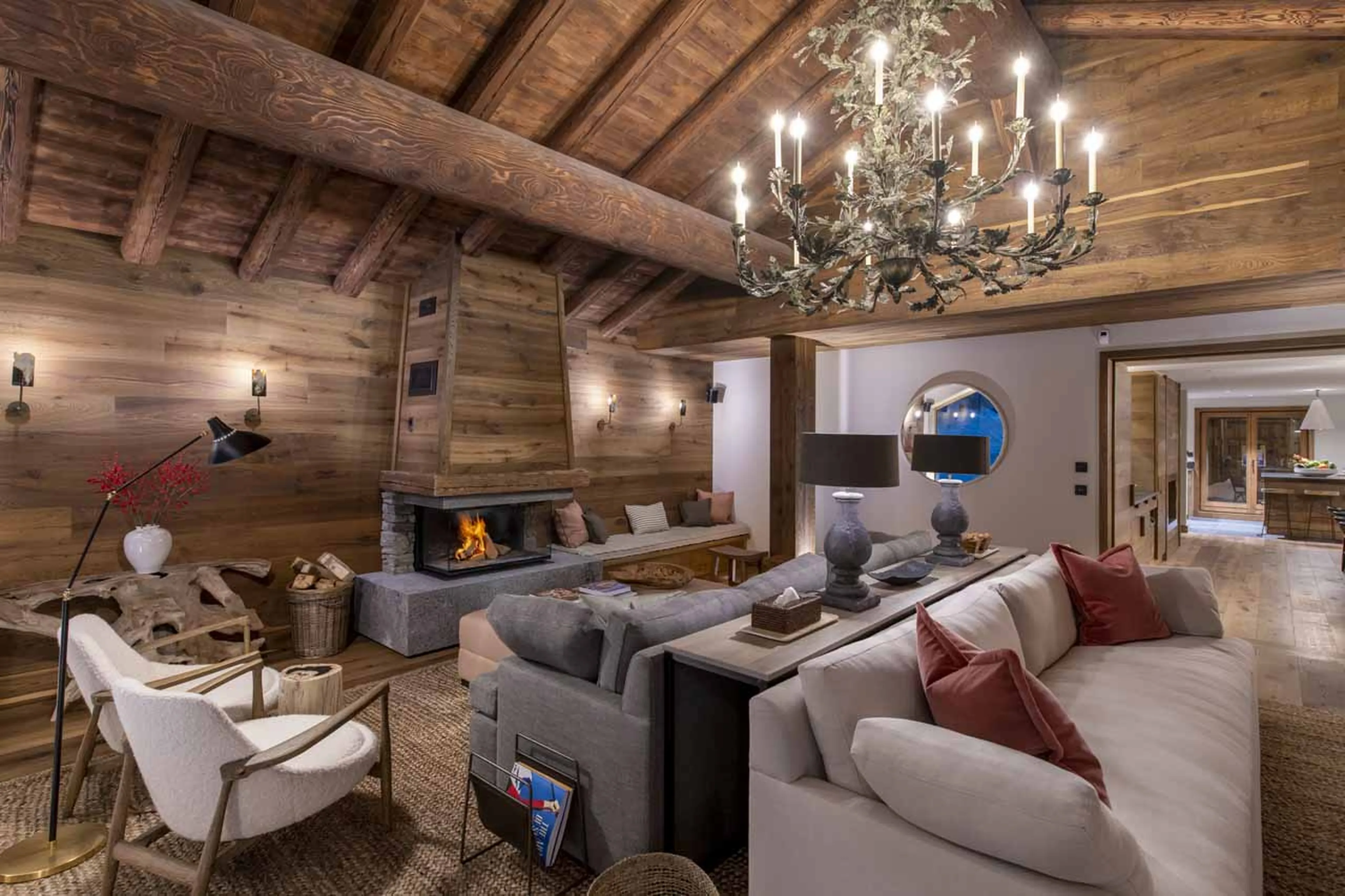 Fireplace in living area at Chalet Abade in Val d'Isere
