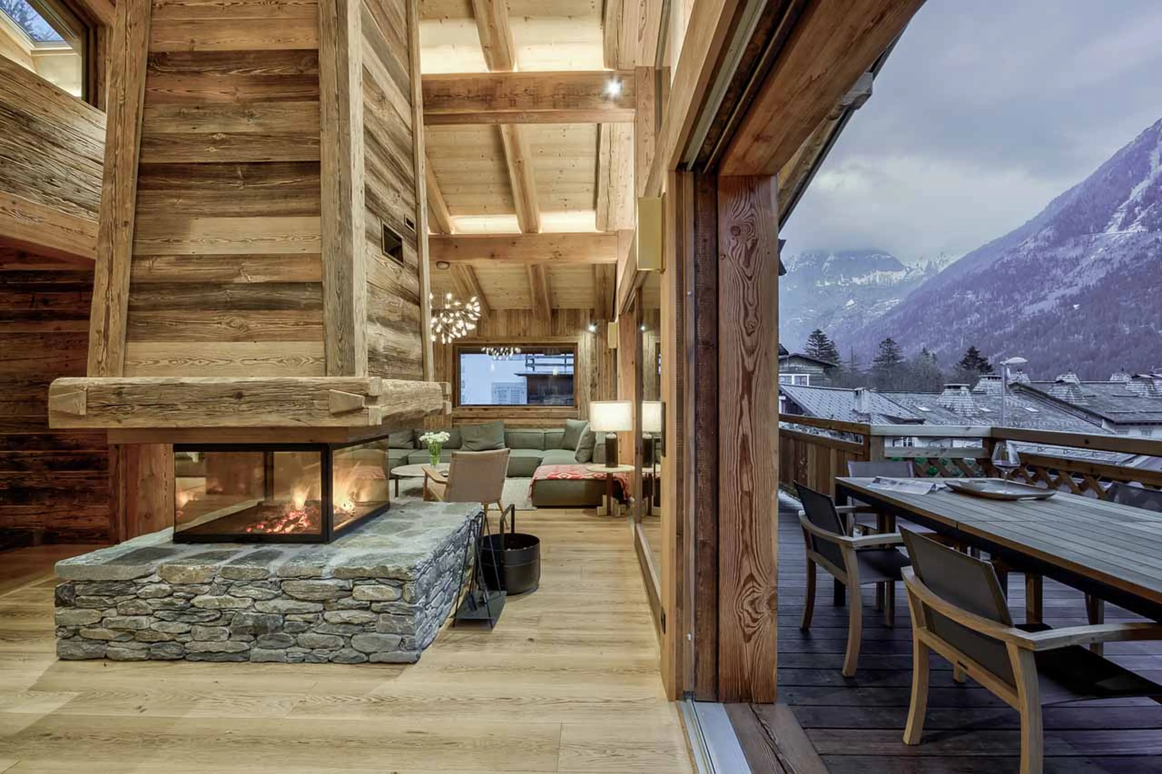 Fireplace and terrace at Chalet Alaska in Chamonix