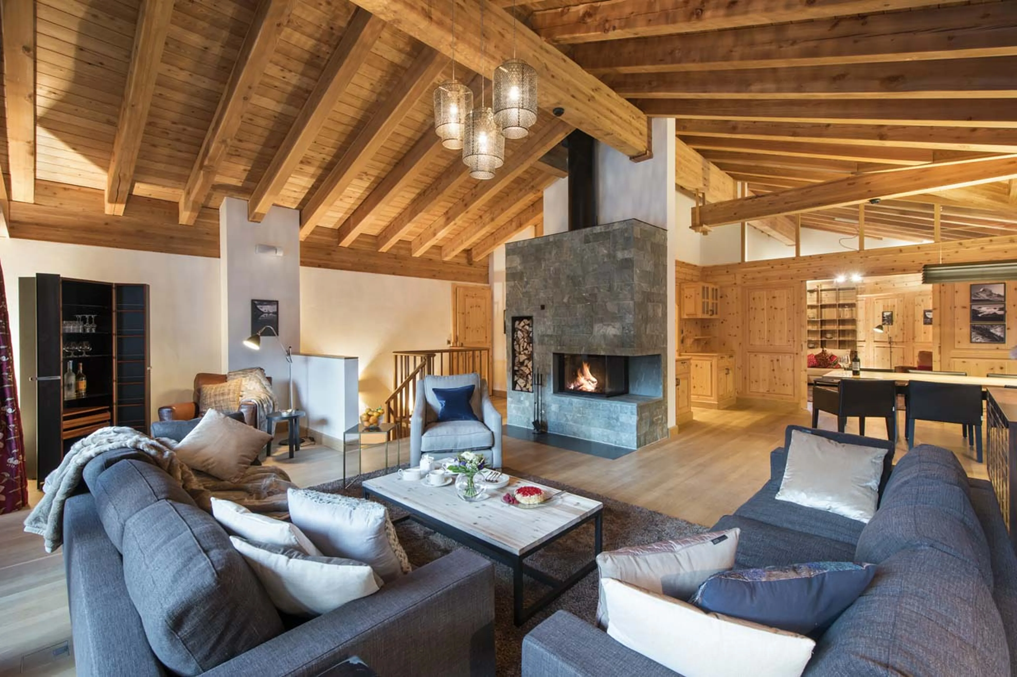 Fireplace in living area of Chalet Alex in Zermatt
