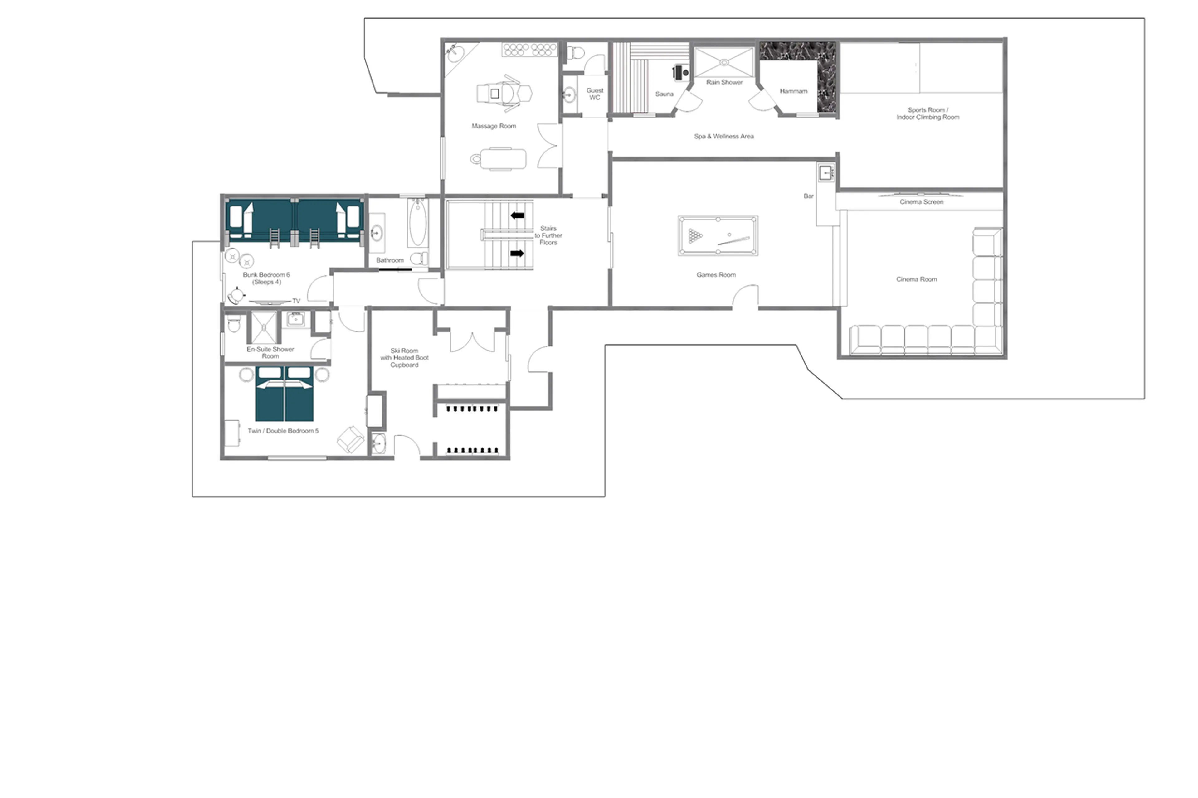 Level 0 floor plan of Chalet Alpaca in Meribel