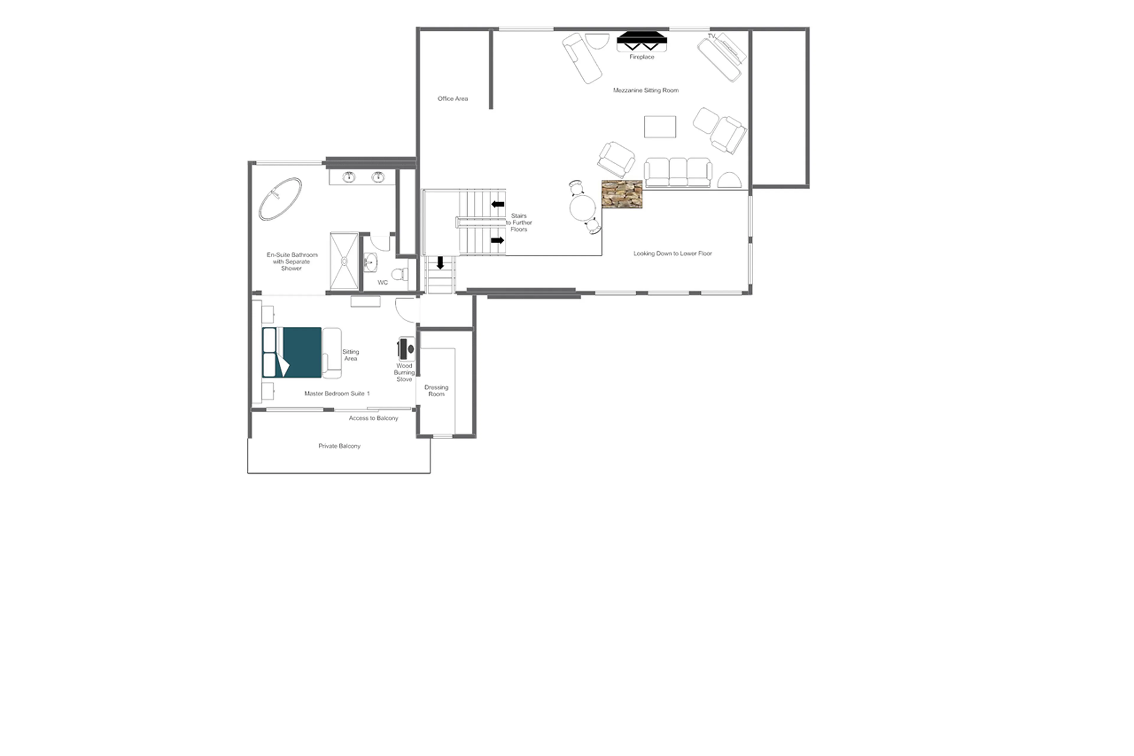 Level 2 and Mezzanine floor plan of Chalet Alpaca in Meribel