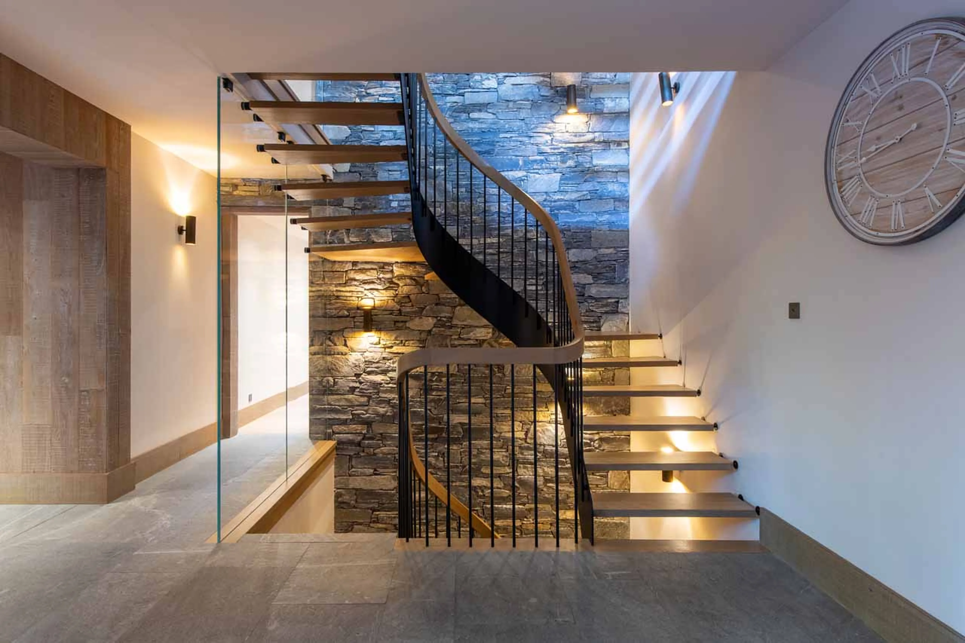 Staircase leading to top floor living area at Chalet Alpaca in Meribel
