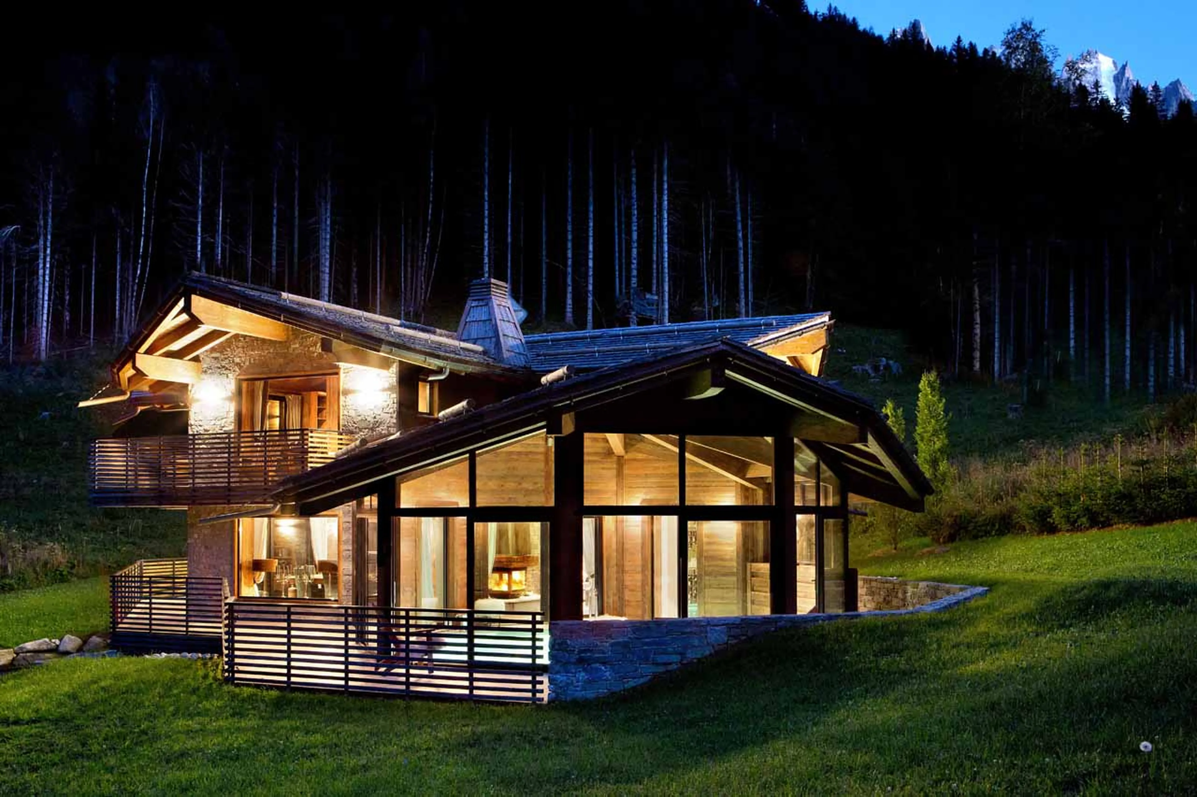 Exterior of Chalet Alta in Chamonix at dusk in summer