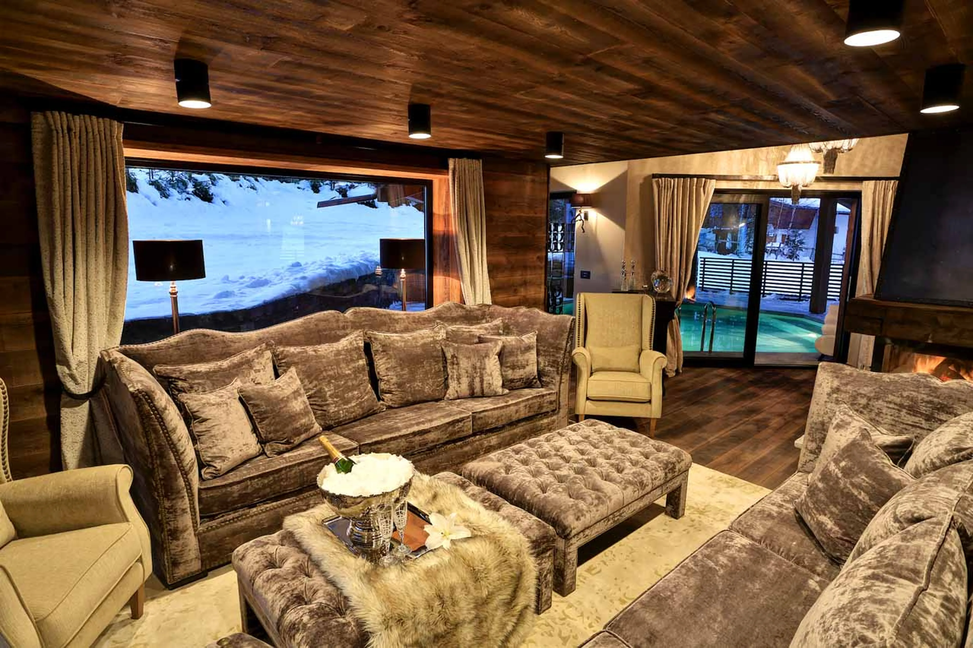 Comfortable sofas in living area of Chalet Alta in Chamonix
