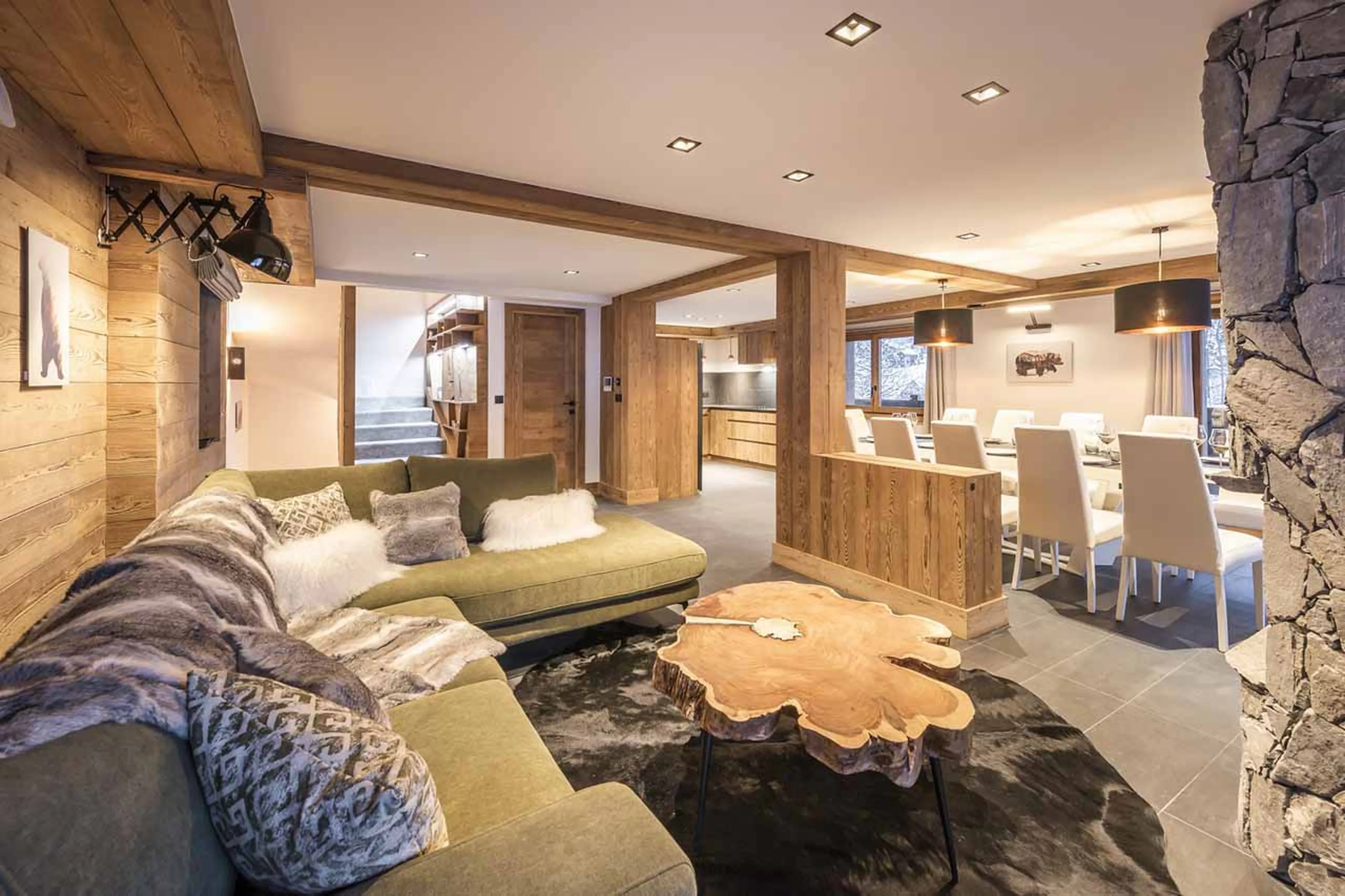 Open plan living area at Chalet Alya in Meribel