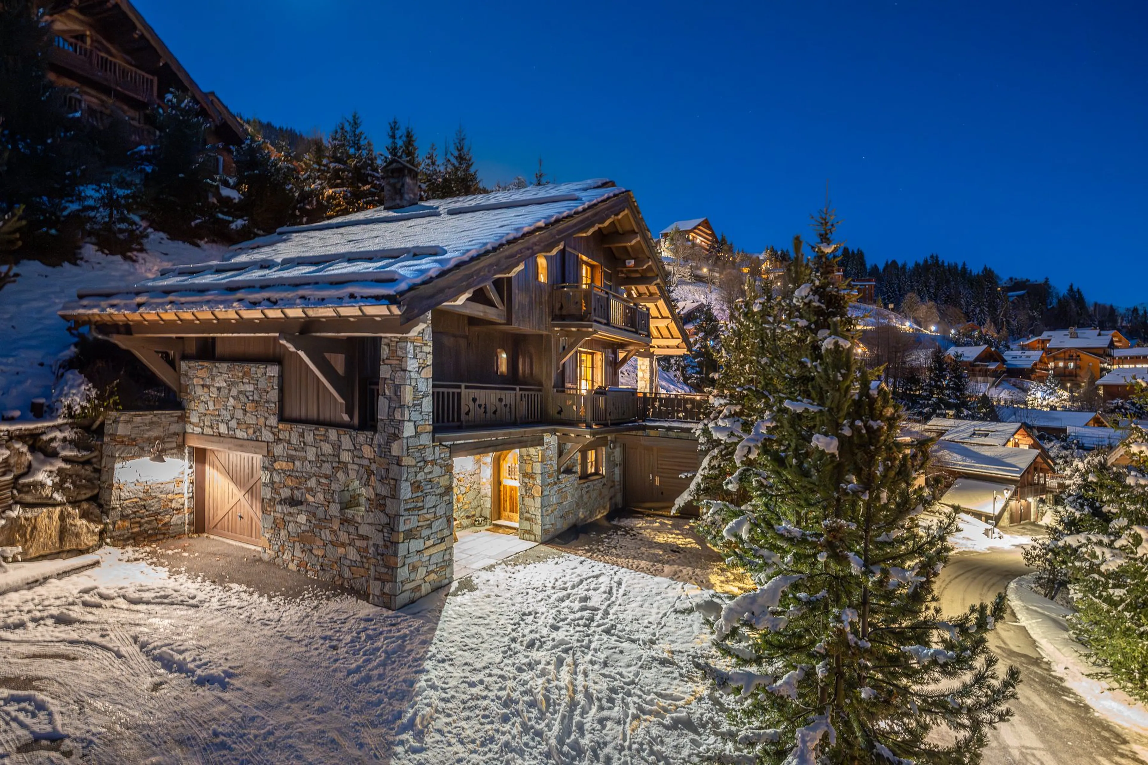 Exterior of Chalet Amarena in Meribel at night