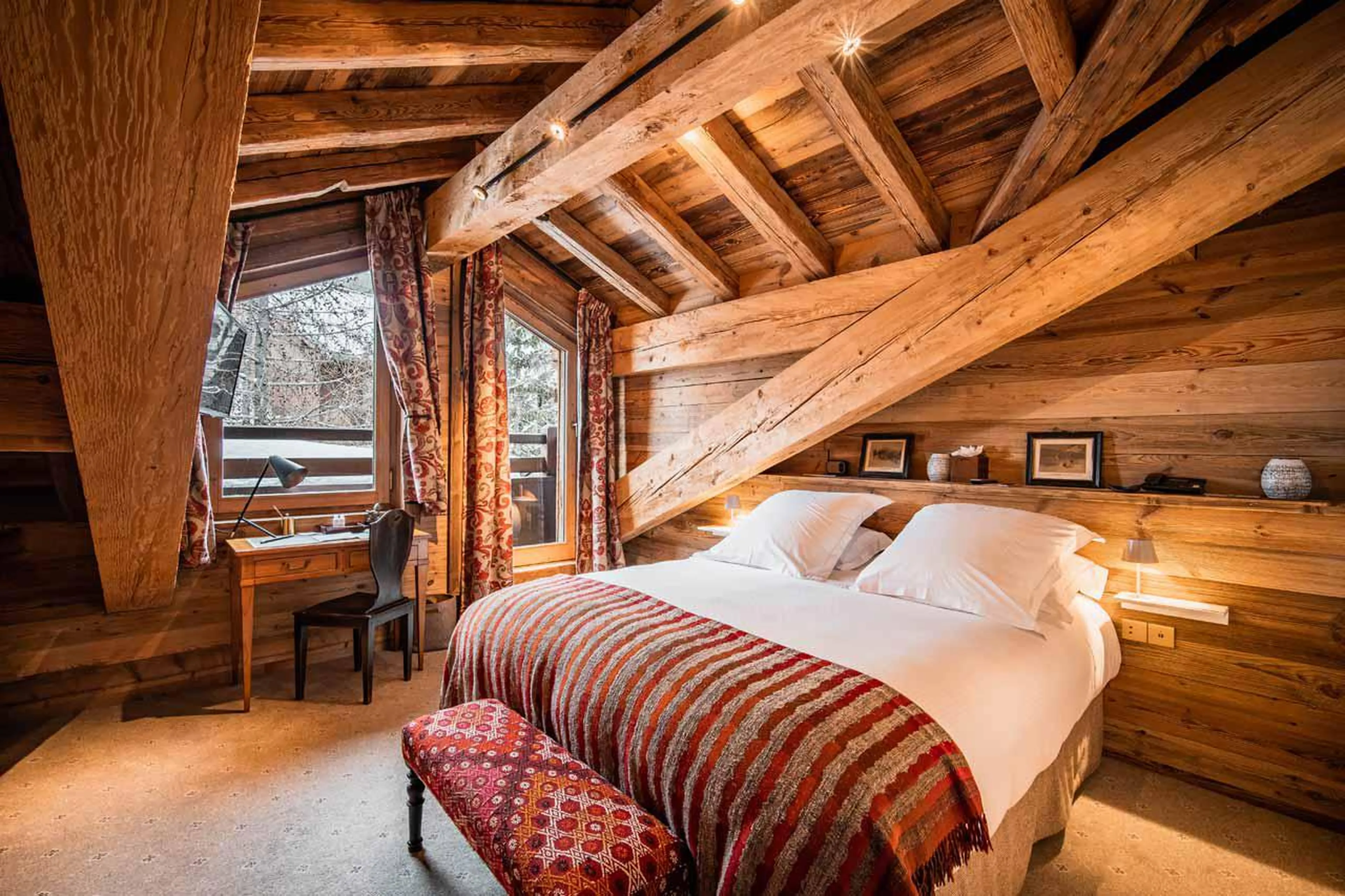 Alpine style double en suite bedroom on third floor of Chalet Ambre in Val d’Isere