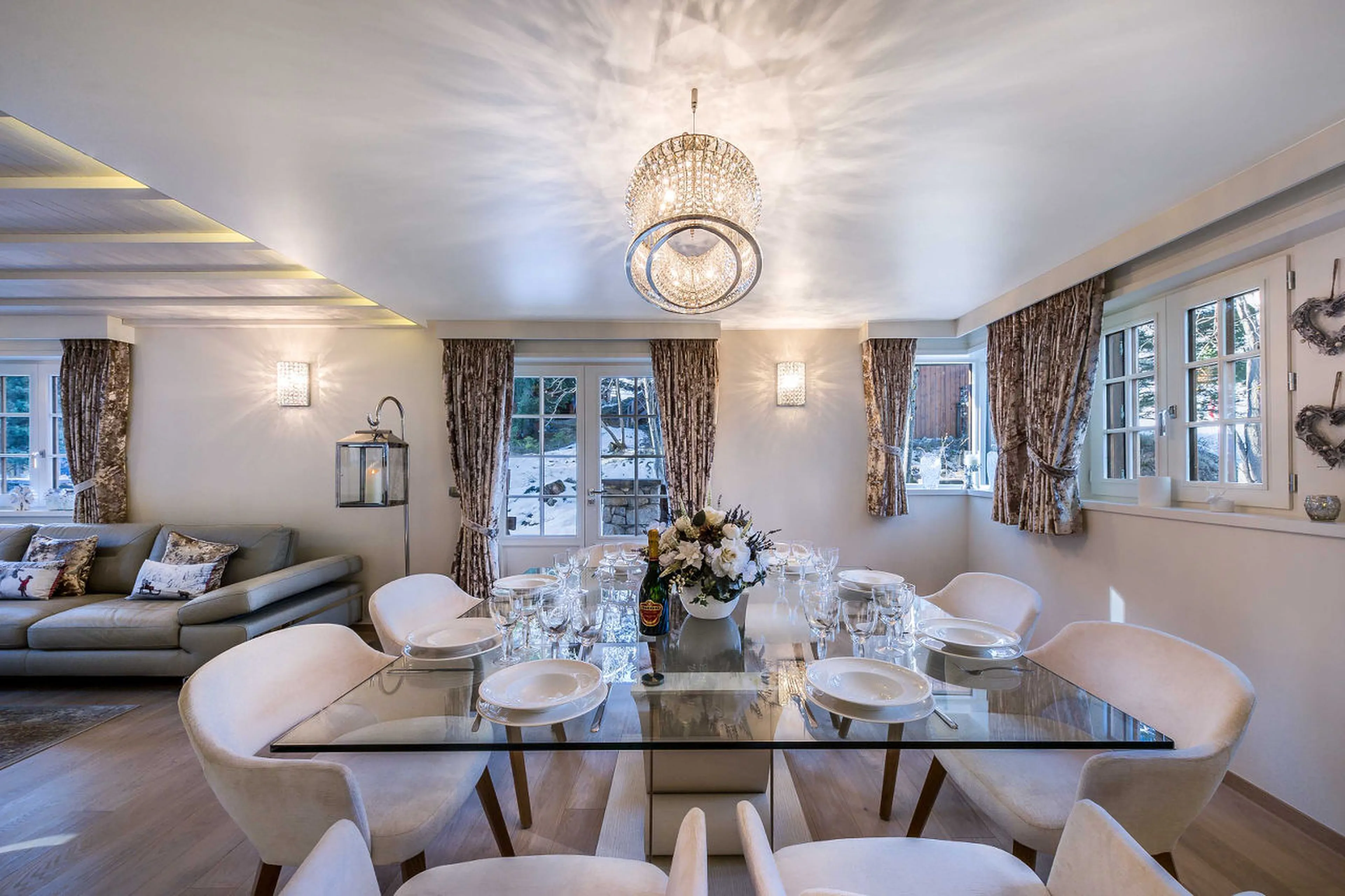 Glass table in dining room of Chalet Amnesia in Courchevel 1650