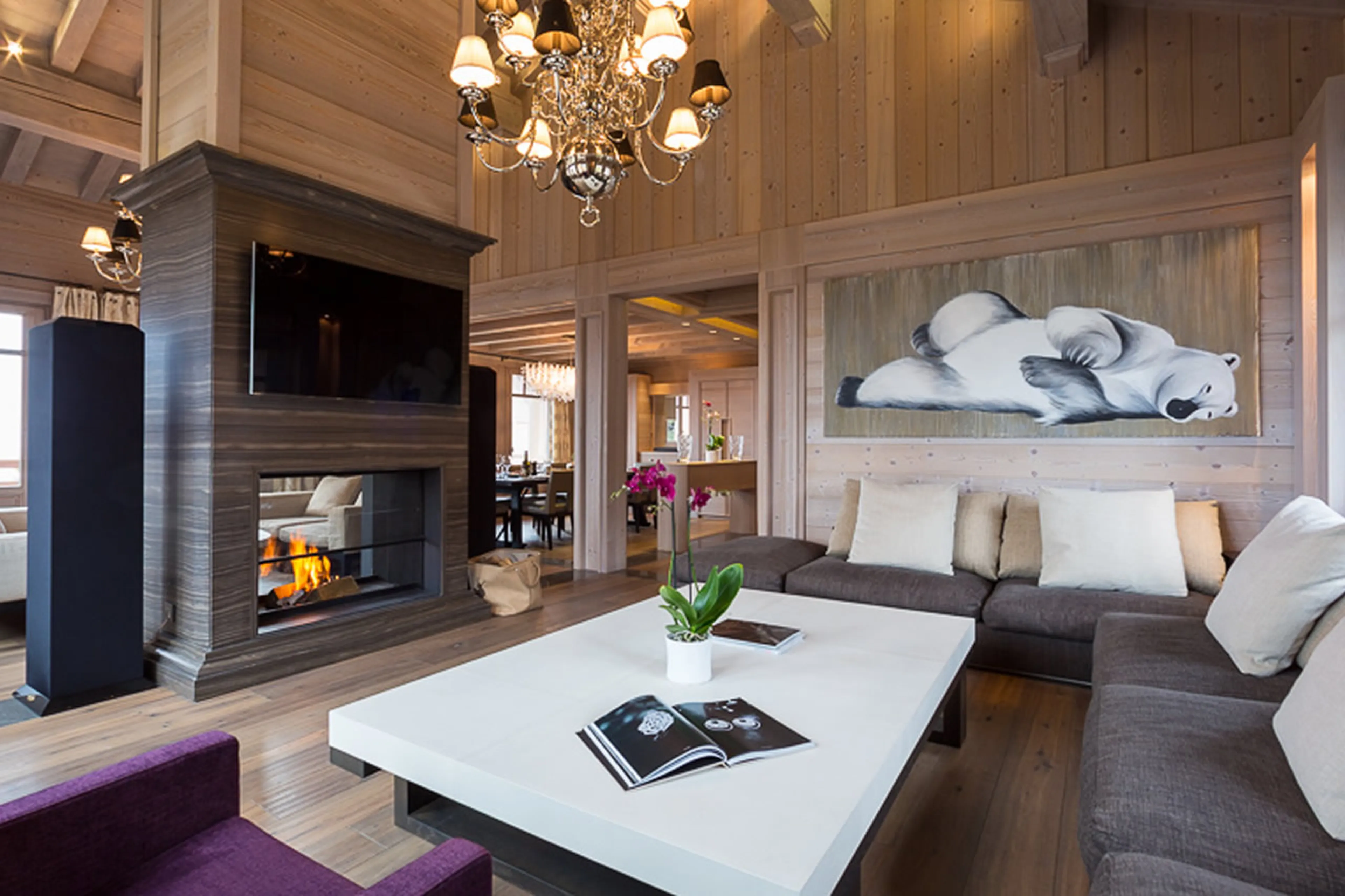 Open plan living area with flat screen satellite TV in Chalet Anemone in Courchevel 1850
